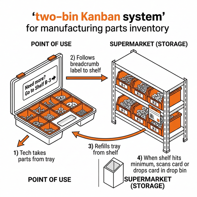 Two-bin Kanban system flow: tech takes parts, follows breadcrumb, refills from supermarket, triggers order card at minimum