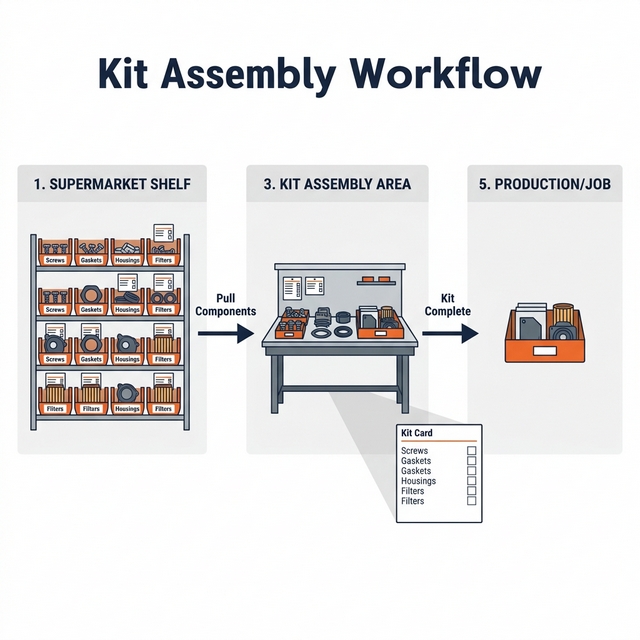 Kit assembly workflow: pull components from inventory shelves, assemble at the kit area, deliver to production
