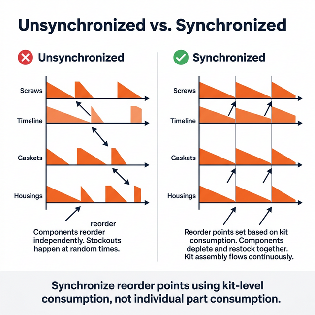 Before and after: unsynchronized vs. synchronized reorder points for kit components