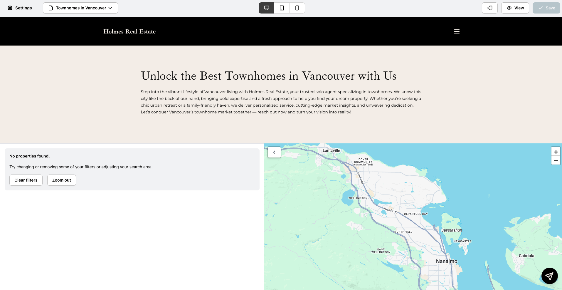 Screenshot 2026-06-10 at 14.59.29.png The newly created Townhomes in Vancouver page in the builder, showing a hero section and a listing search section.