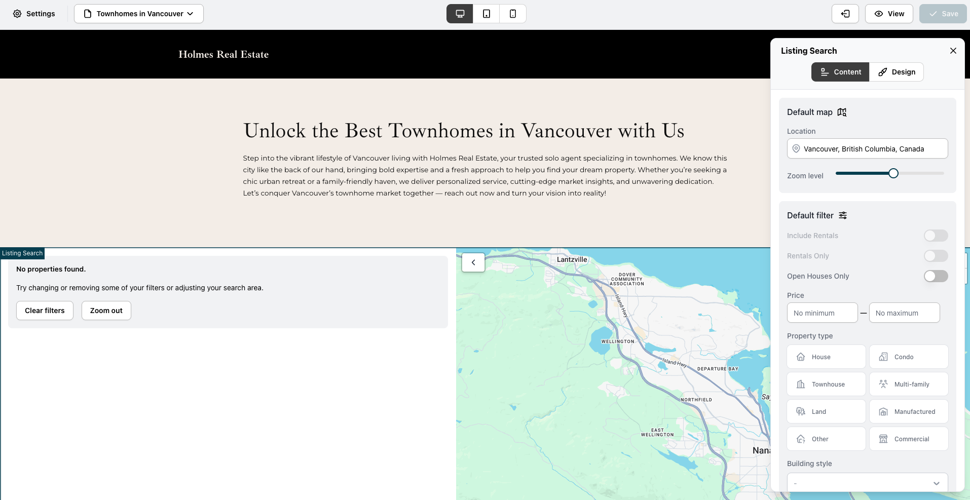 Screenshot 2026-06-10 at 15.00.18.png The Listing Search settings panel showing the fields for Default map location, zoom level, and filter options.
