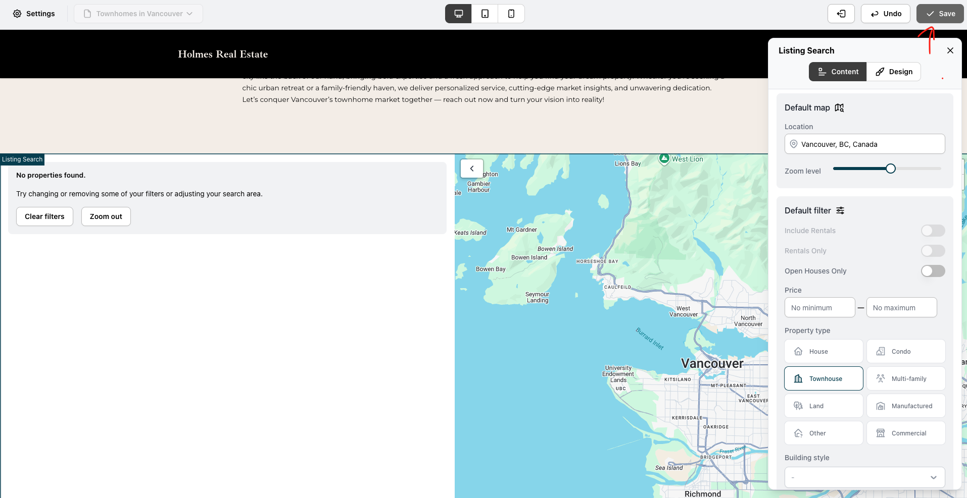 Screenshot 2026-06-10 at 15.01.26.png The Listing Search panel with Vancouver BC Canada entered as the location and Townhouse selected as the property type filter.