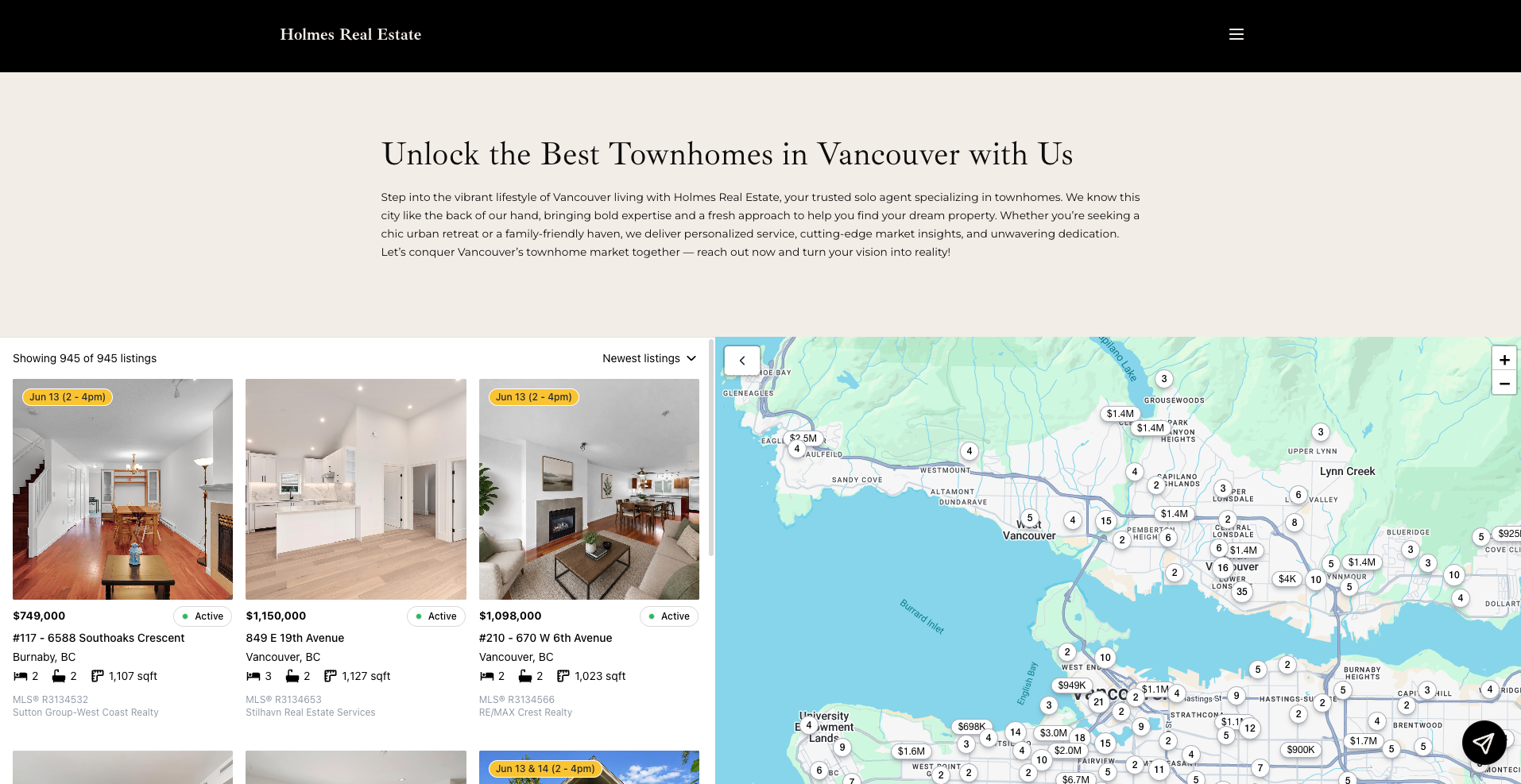 Screenshot 2026-06-10 at 15.02.09.png The completed page showing 945 listings in a grid with price, address, and photos alongside the Vancouver map.