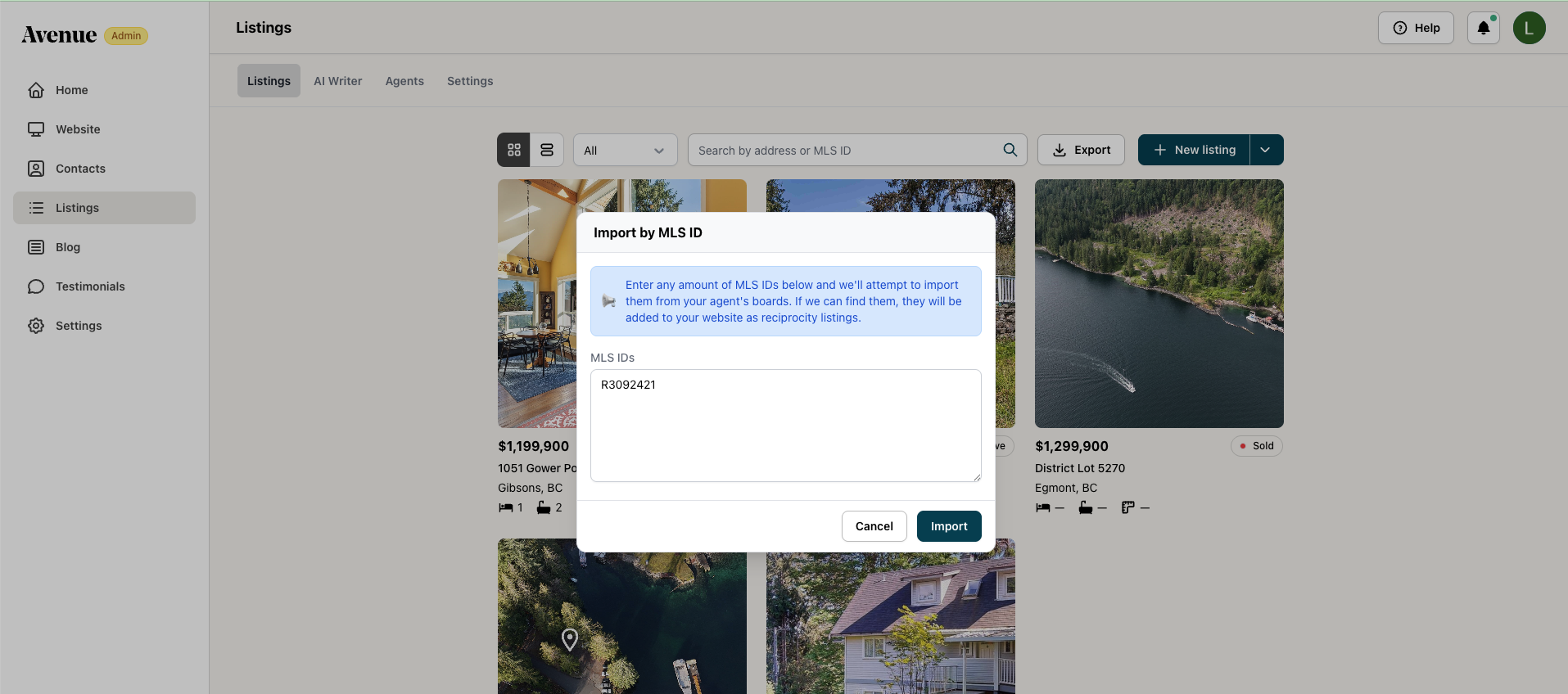 Screenshot 2026-06-18 at 14.01.31.png The Import by MLS ID dialog with a text field containing a sample MLS ID