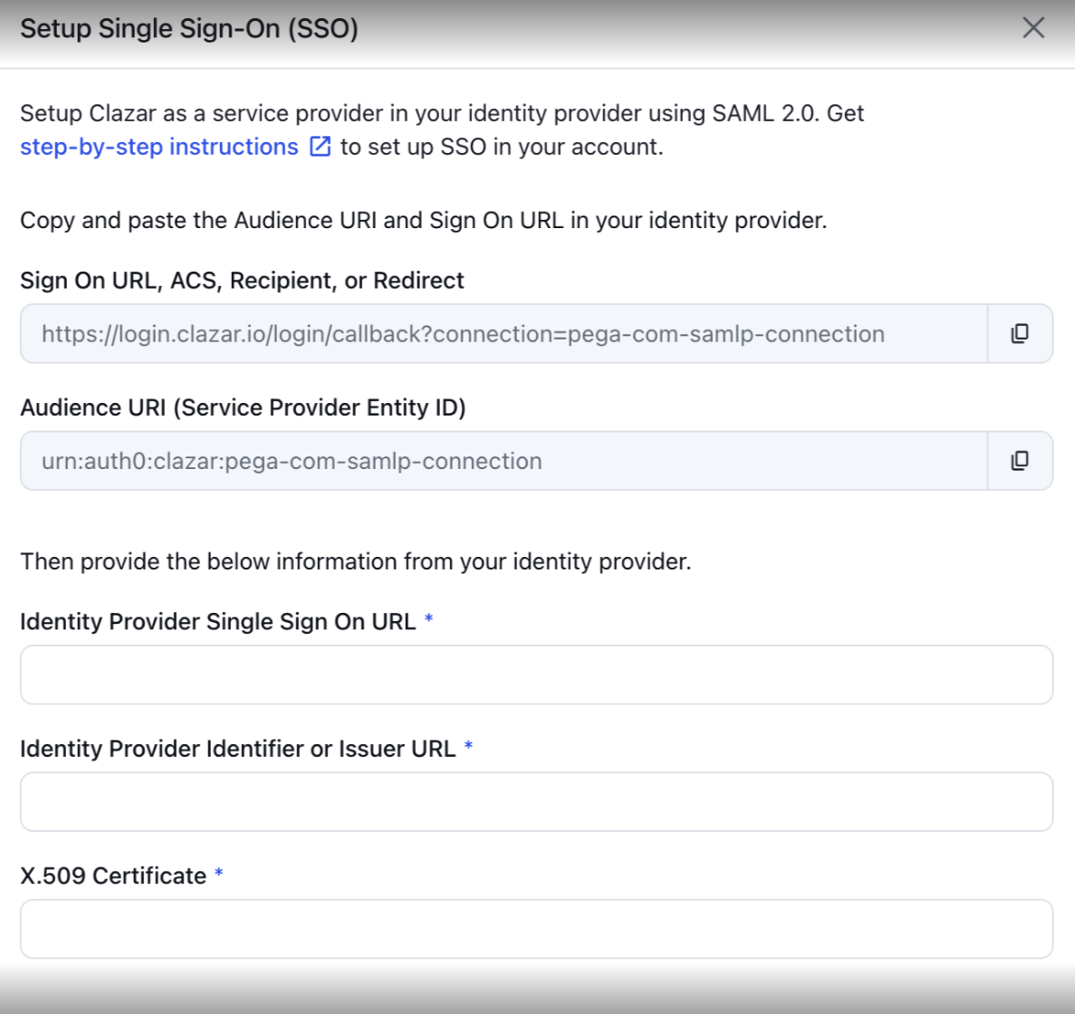 SSO configuration interface showing required fields