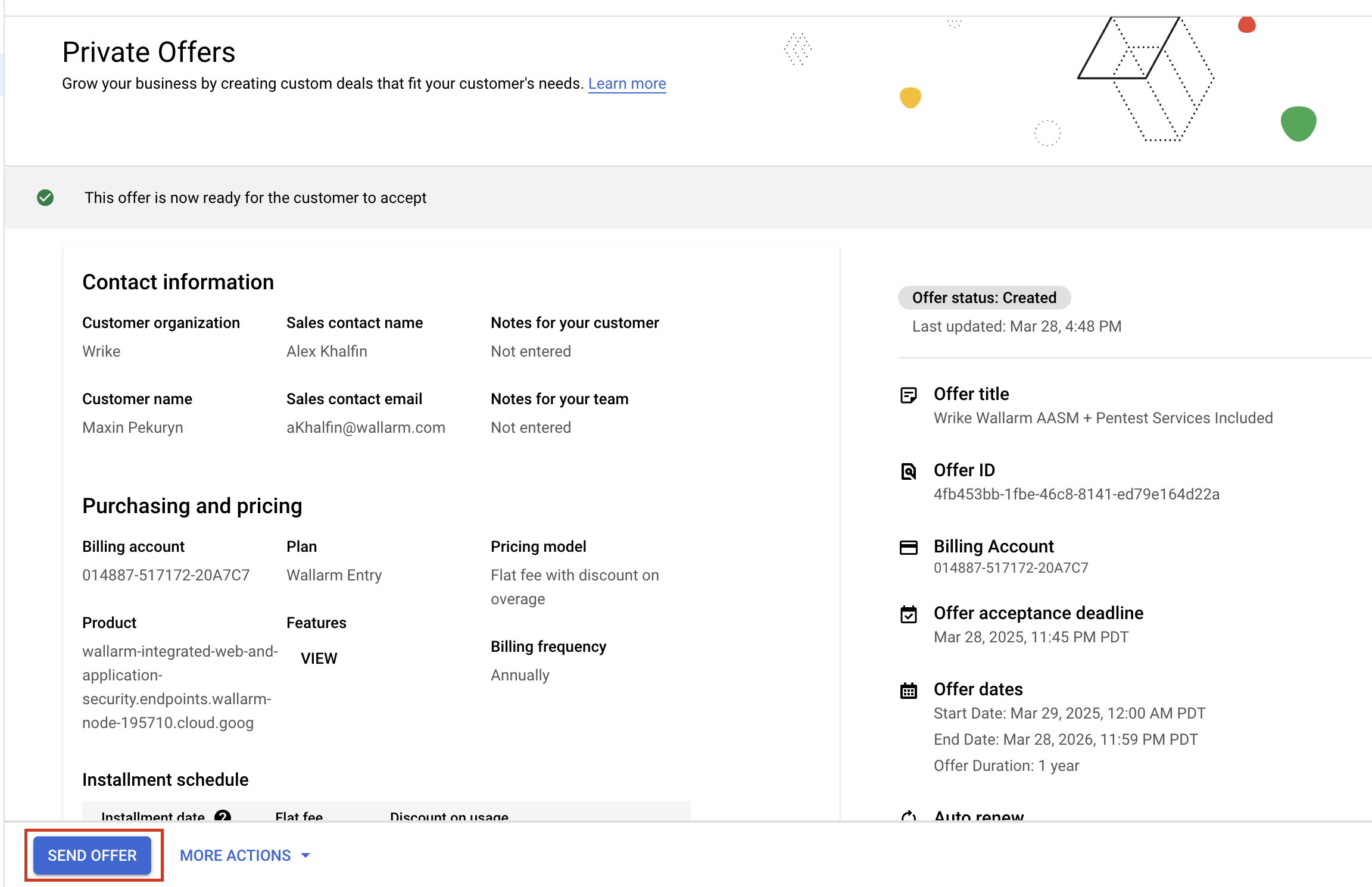 Image showing the Send Offer button in GCP Marketplace private offers interface