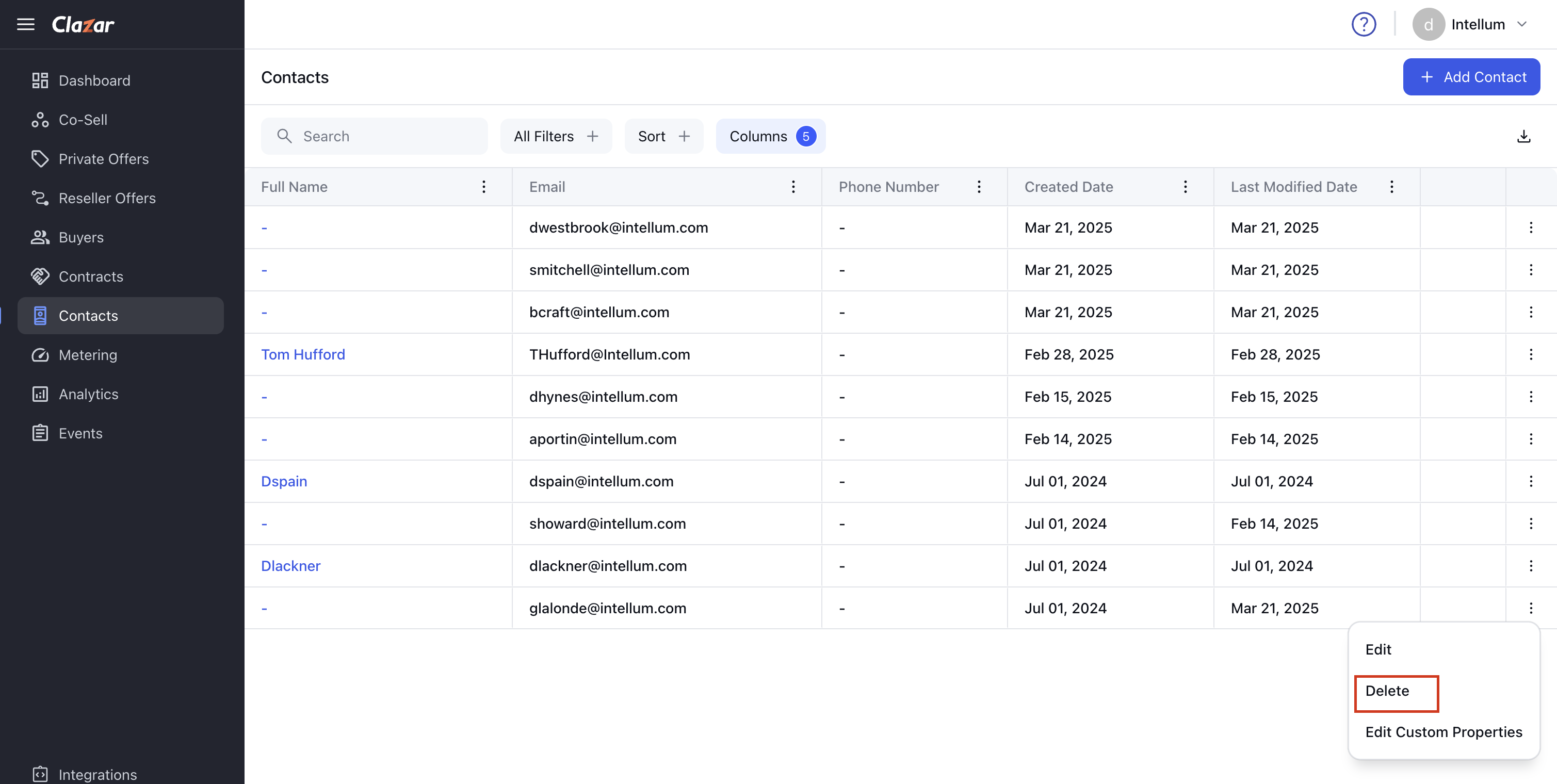 Image of a user interface showing the contacts list and user management options