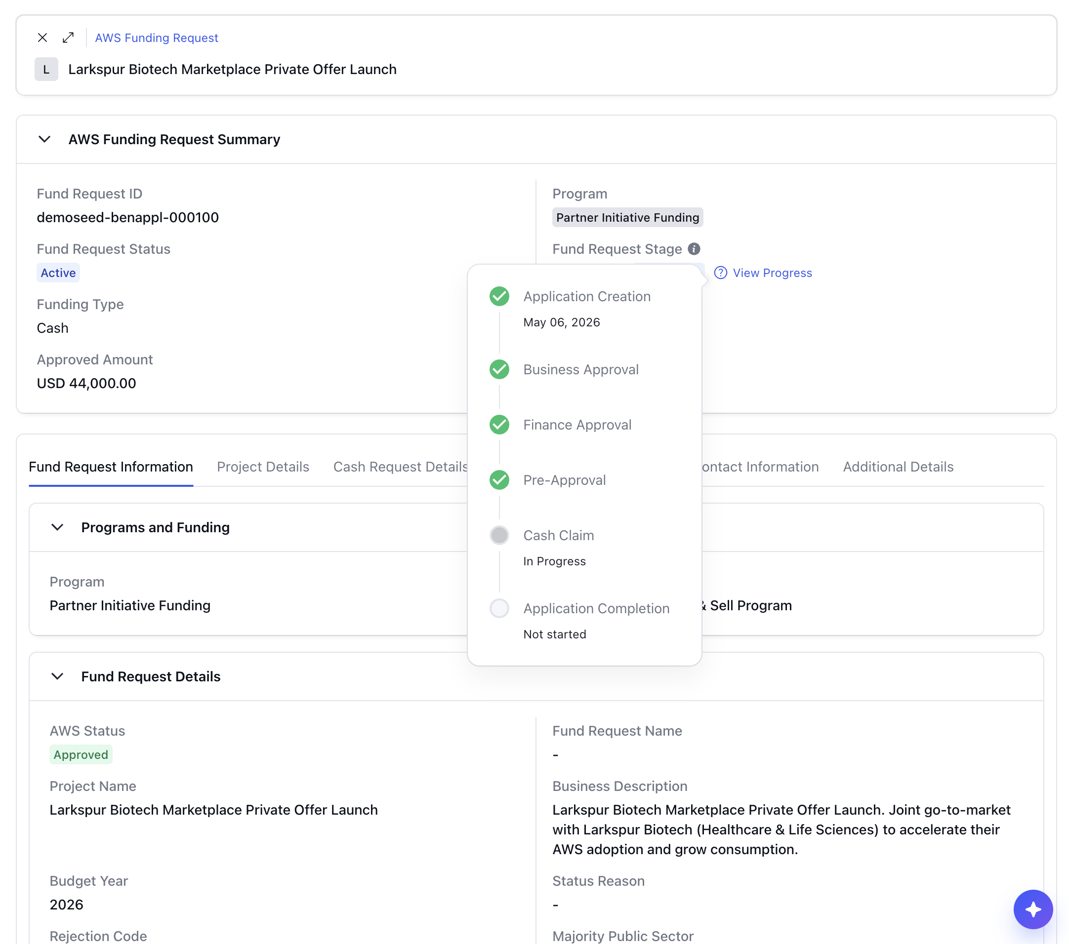 Fund request detail in Clazar A fund request opened in Clazar, with the highlight panel showing status, fund request ID, stage, funding type, and requested and approved amounts side by side.