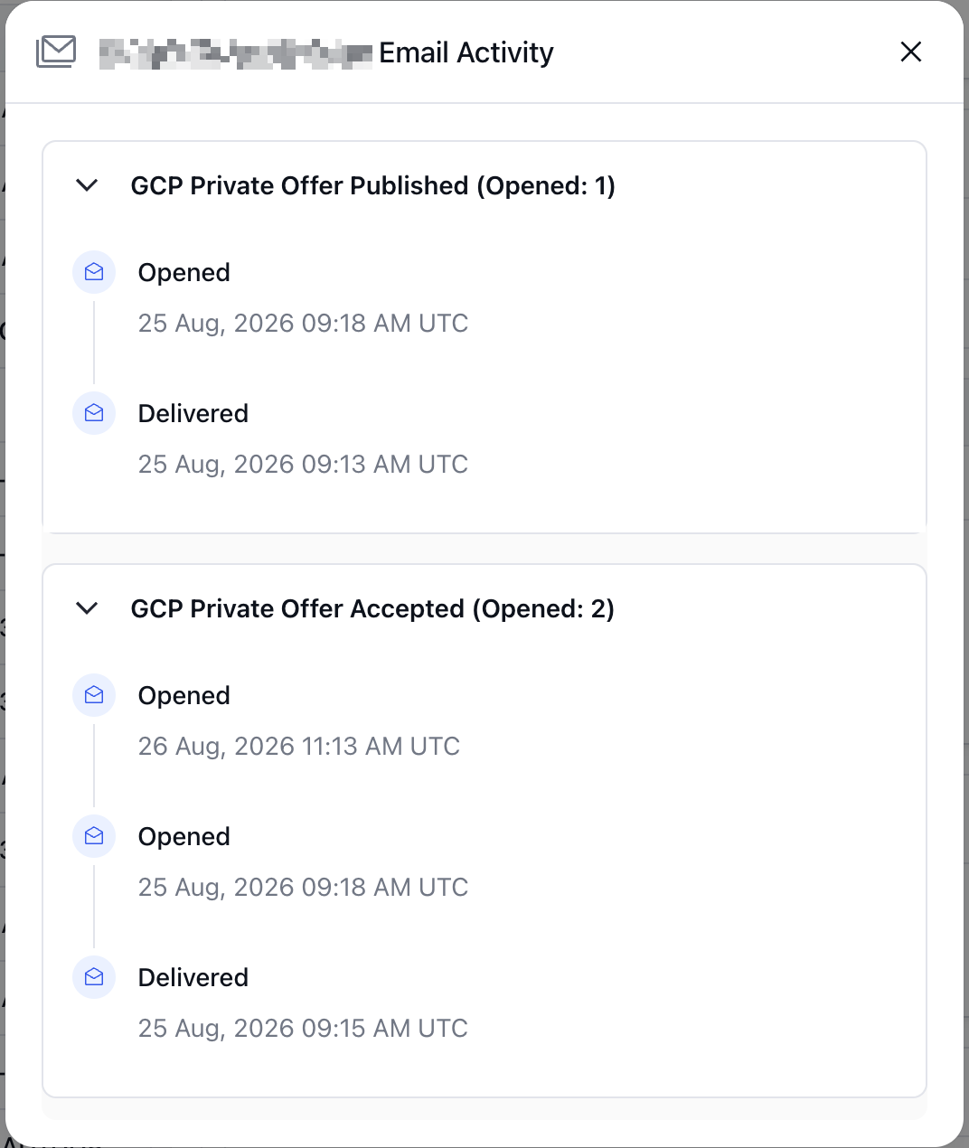 email-tracking-info.png The Email Activity panel for one recipient, listing each email and the tracked events beneath it with their timestamps.