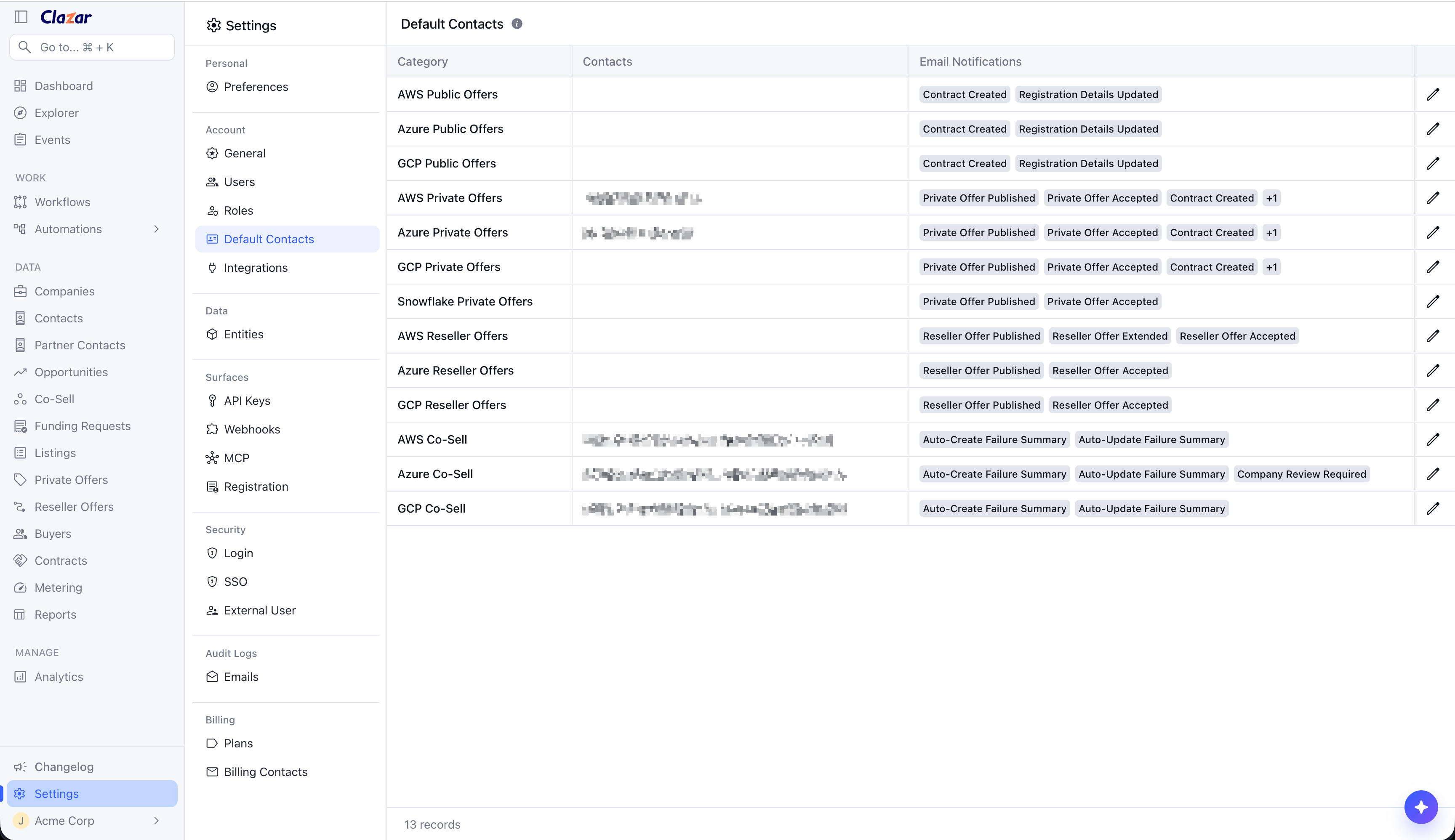 default-contacts.png The Default Contacts page in Settings, listing each contact category alongside an Email Notifications column showing which emails that category receives.