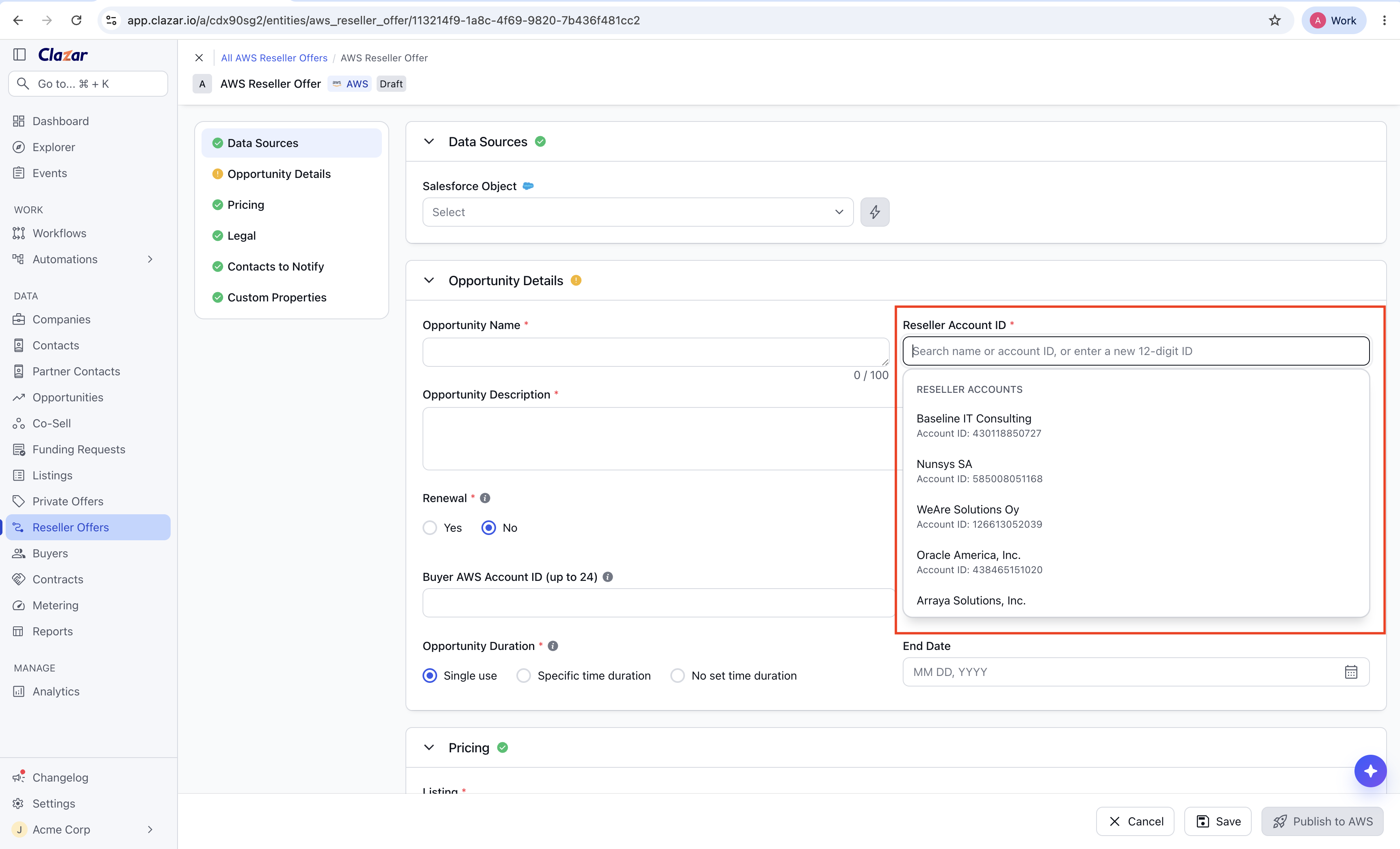 Searching the Reseller Account ID field, with the suggestion list open