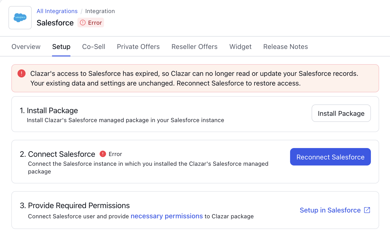 1.png The Integrations page showing a Salesforce connection with an Error tag
