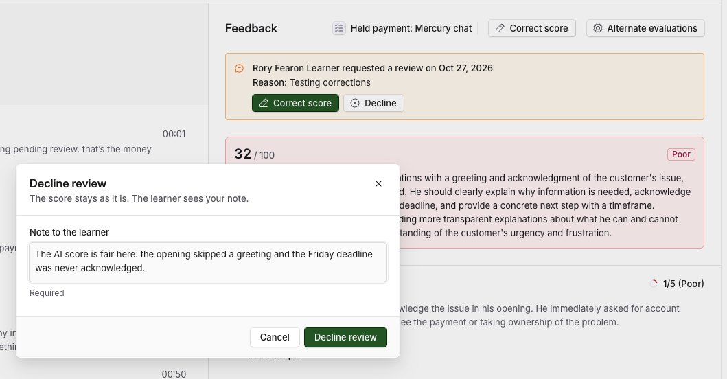Decline review dialog with a required note to the learner