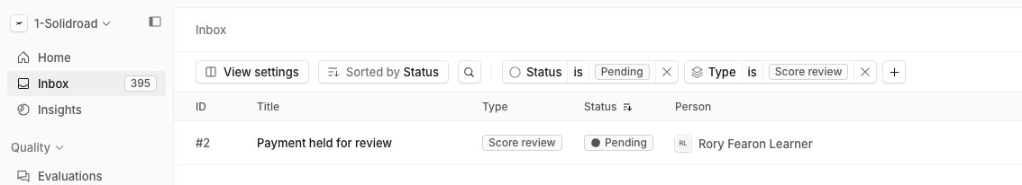 Inbox filtered to Type is Score review showing one pending row