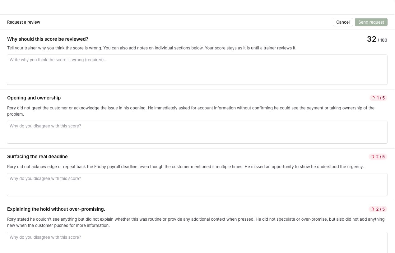 Request a review form with a required reason and an optional note box under each section
