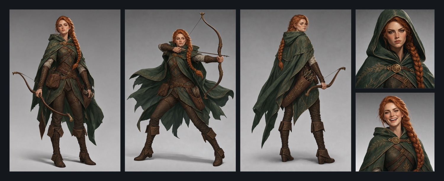 A character consistency set: one base design, then four variations from its asset ID (front, action, back, two expressions), all holding the same identity.