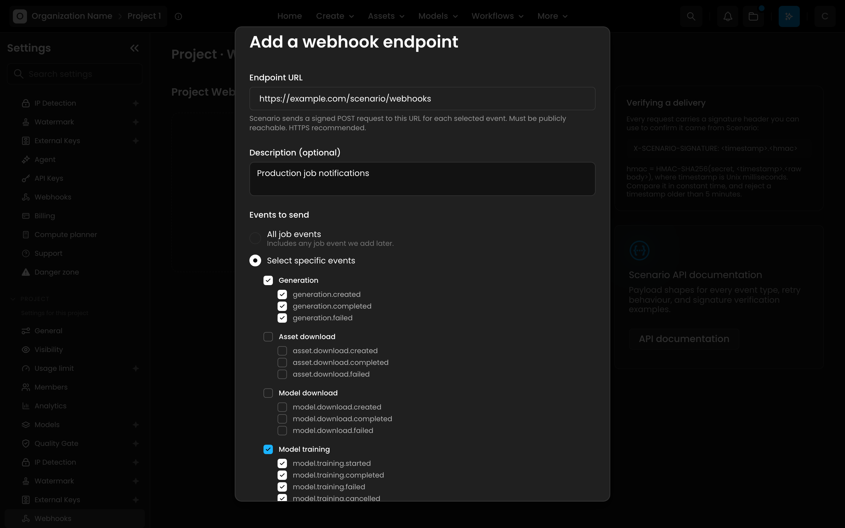 Add a webhook endpoint form with specific events selected Add a webhook endpoint form with specific events selected