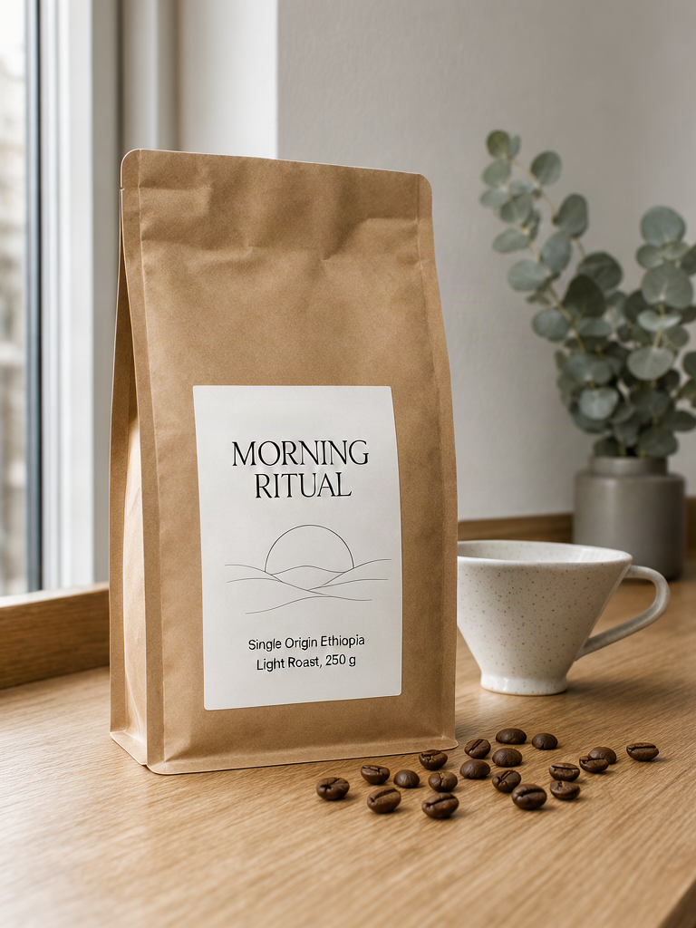 Kraft coffee bag with a MORNING RITUAL label, generated with Krea 3