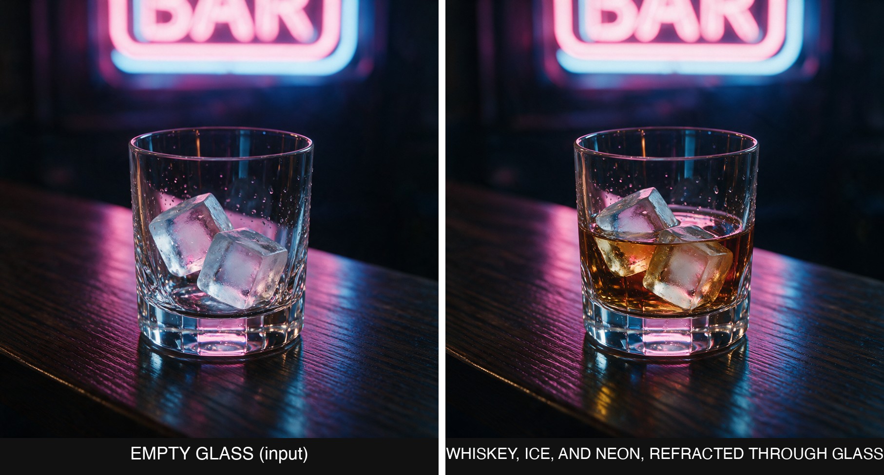 An empty crystal glass with ice cubes next to a neon bar sign, beside the filled result where the pink and blue neon light visibly bends through the ice and whiskey