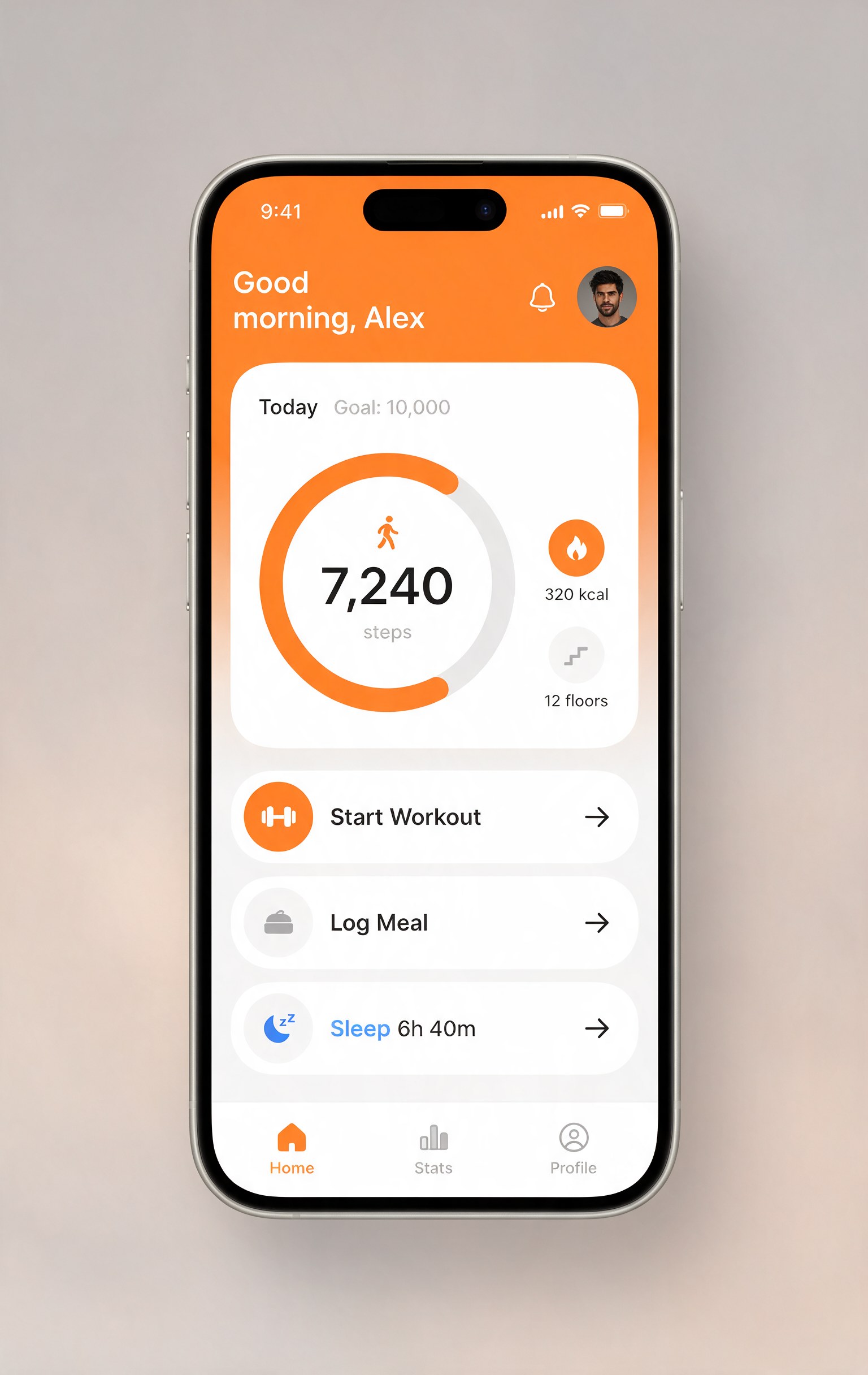 Fitness app home screen mockup with step count, calories, floors and action buttons