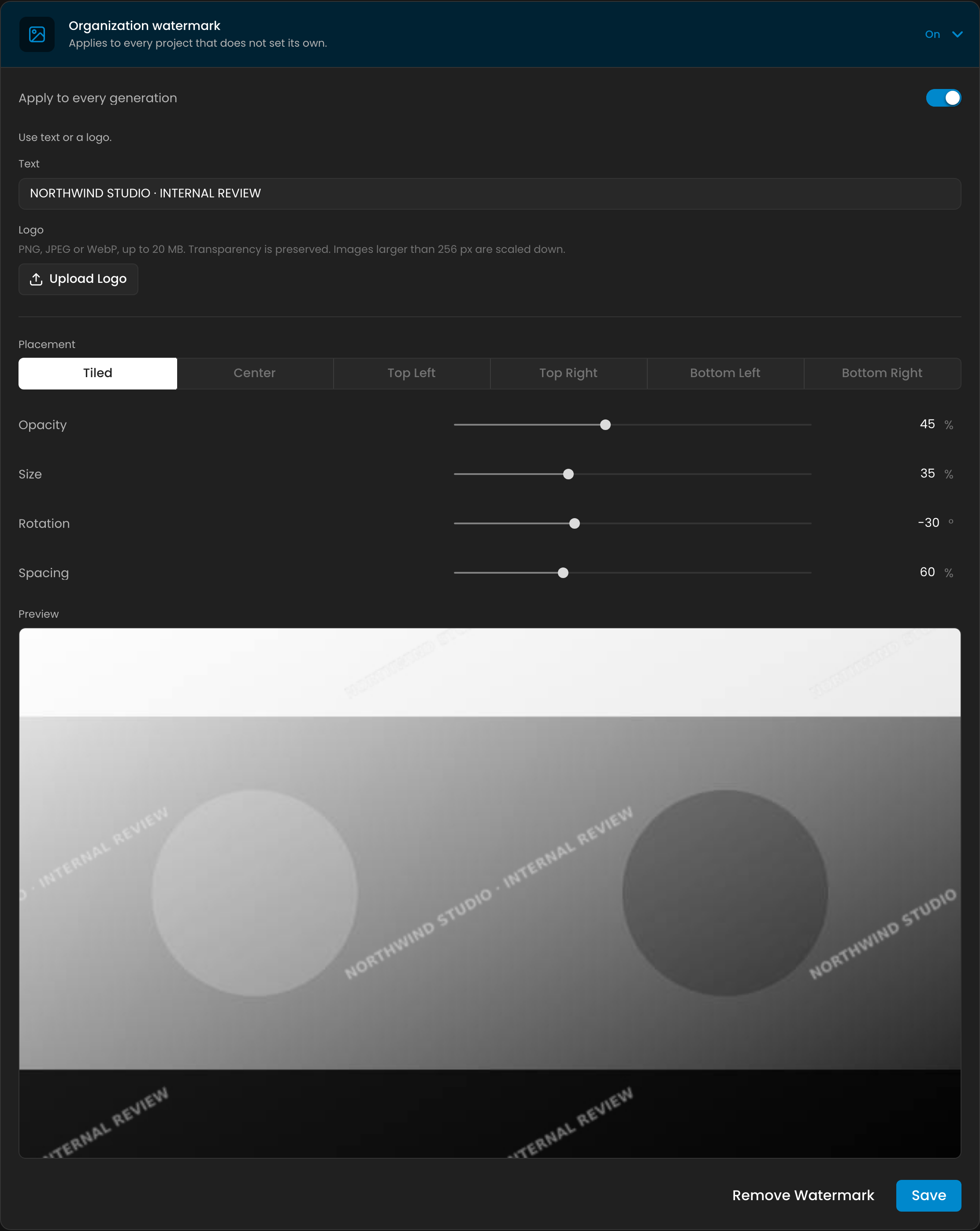 Organization watermark with tiled text and live preview Organization watermark with tiled text and live preview