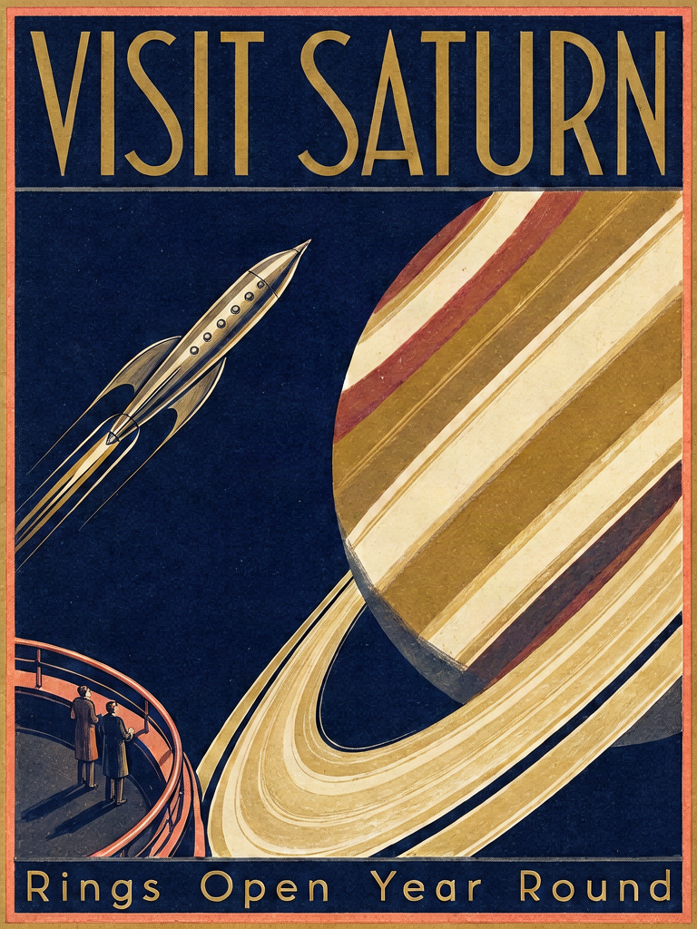 Art Deco travel poster reading VISIT SATURN, generated with Krea 3