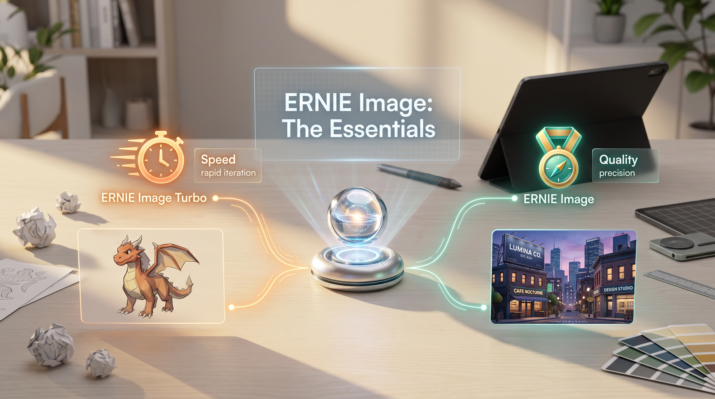 asset_FFC5ov24znkSvmWmFB4MhFrF_A sleek, modern design studio desk setup, bathed in warm, soft light. A central holographic display prominently features the crisp, legible text 'ERNIE Image_ The Essentials'. To one .png asset_FFC5ov24znkSvmWmFB4MhFrF_A sleek, modern design studio desk setup, bathed in warm, soft light. A central holographic display prominently features the crisp, legible text 'ERNIE Image_ The Essentials'. To one .png