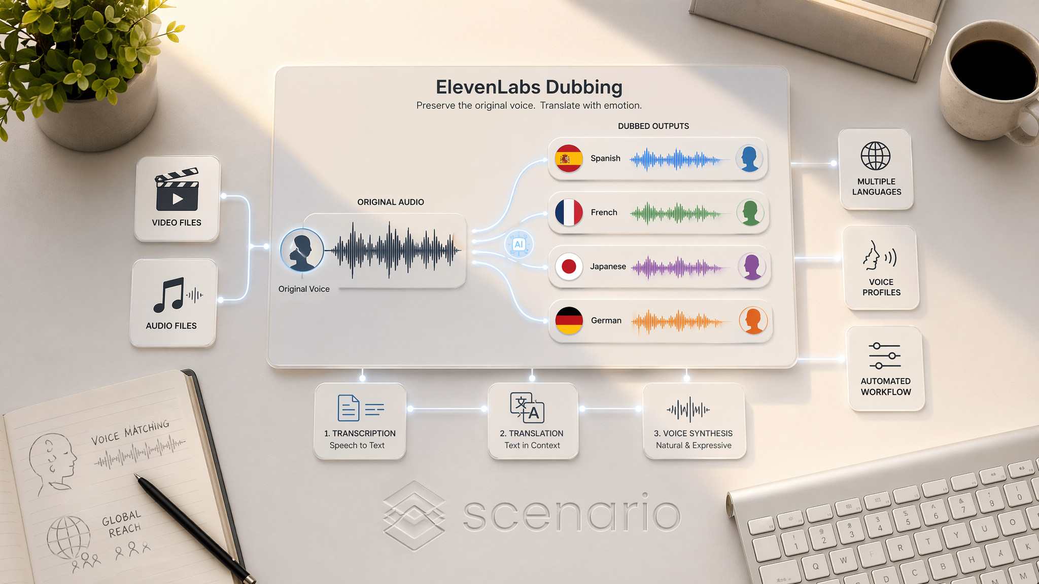 asset_gUCwRf4aV73fAK82eGDkRTeW_A sleek, modern desk setup with a central graphic illustrating the transformation of a single audio waveform into multiple language waveforms, seamlessly preserving the original voice.png asset_gUCwRf4aV73fAK82eGDkRTeW_A sleek, modern desk setup with a central graphic illustrating the transformation of a single audio waveform into multiple language waveforms, seamlessly preserving the original voice.png