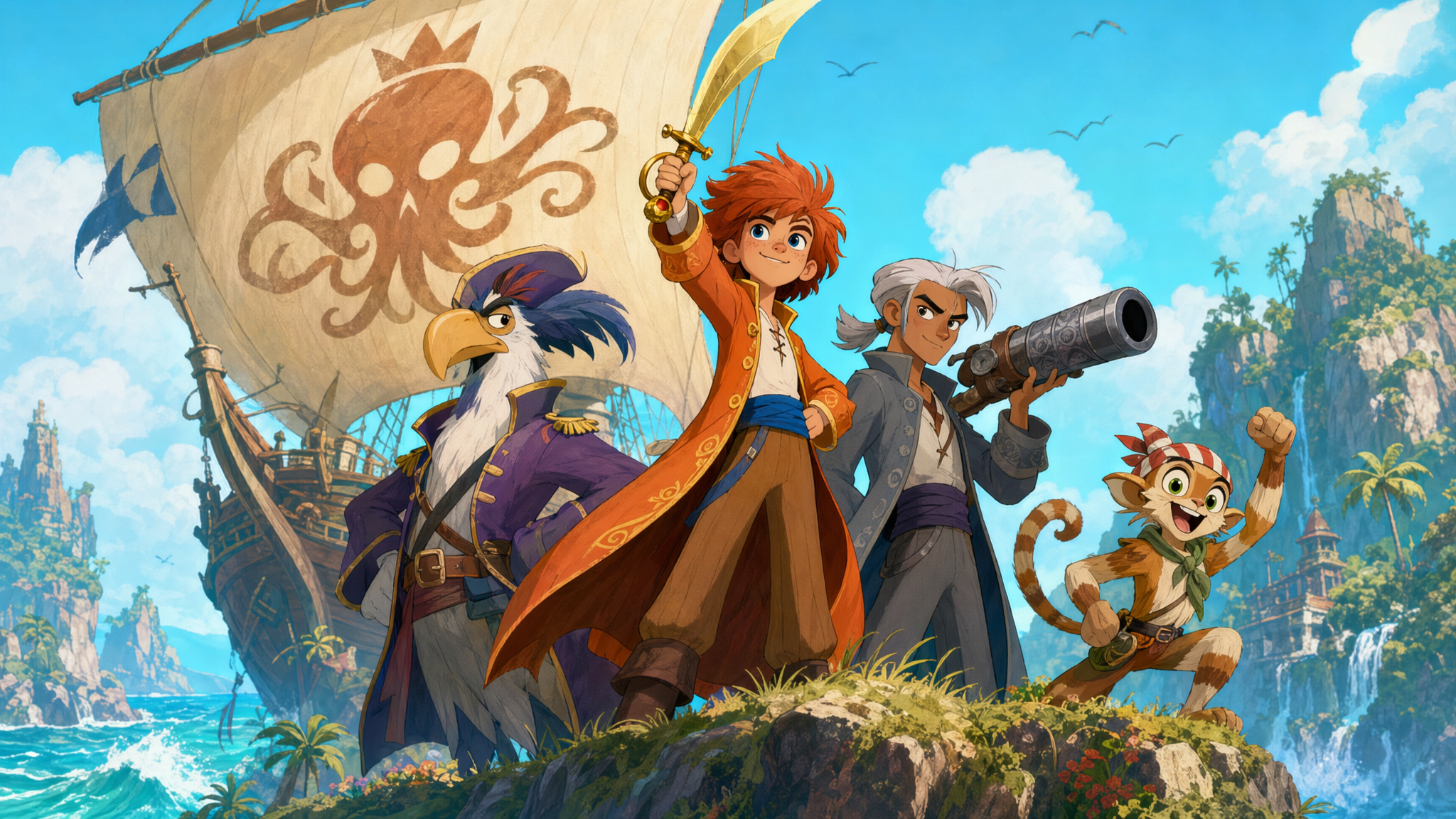 asset_1C9WhvCkuP4eEhbmv9uaeNGS_animated TV-series key art, redhead boy pirate hero in orange coat raising a golden cutlass, flanked by a purple-coated bird first-mate, a gray cannon-wielding swordsman, & a striped .png asset_1C9WhvCkuP4eEhbmv9uaeNGS_animated TV-series key art, redhead boy pirate hero in orange coat raising a golden cutlass, flanked by a purple-coated bird first-mate, a gray cannon-wielding swordsman, & a striped .png