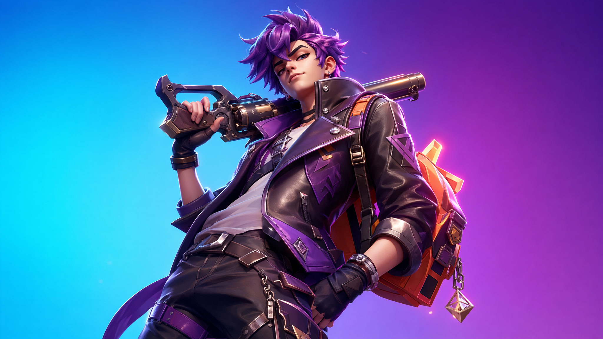 asset_FgbNaT7Ri9qHw6GcPrYdm5hp_Stylized 3D character splash_ cocky teen rogue with messy violet hair, asymmetric leather jacket, neon-orange backpack, hand cannon resting on shoulder, pink-blue rim light, glossy so.png asset_FgbNaT7Ri9qHw6GcPrYdm5hp_Stylized 3D character splash_ cocky teen rogue with messy violet hair, asymmetric leather jacket, neon-orange backpack, hand cannon resting on shoulder, pink-blue rim light, glossy so.png