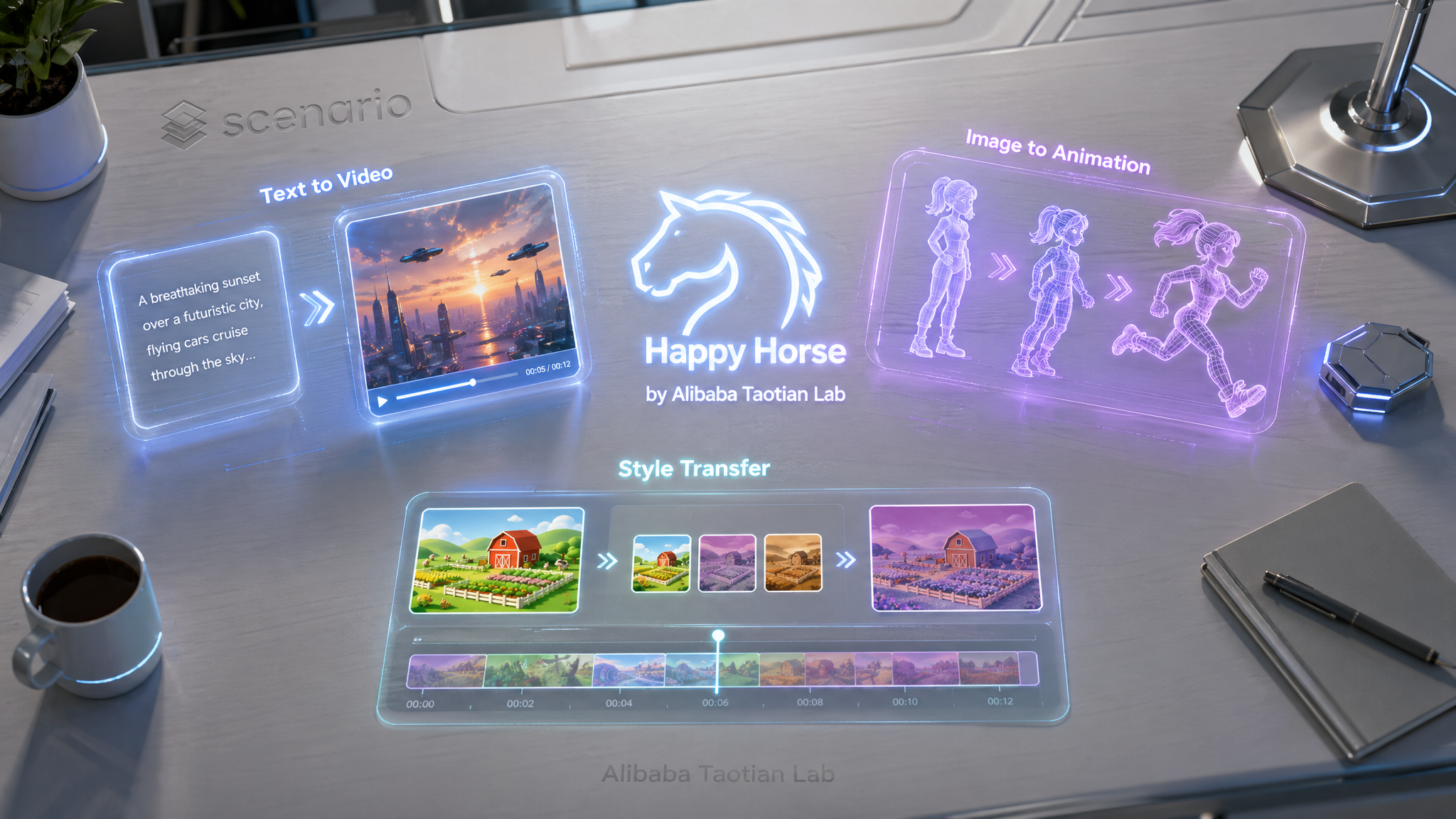 asset_83UbXhz5Jps9cPd9rMR5ug2m_A sleek, modern desk setup from a top-down perspective, bathed in soft, bright light. On the desk, three distinct, glowing holographic projections represent the core functions of the .png asset_83UbXhz5Jps9cPd9rMR5ug2m_A sleek, modern desk setup from a top-down perspective, bathed in soft, bright light. On the desk, three distinct, glowing holographic projections represent the core functions of the .png