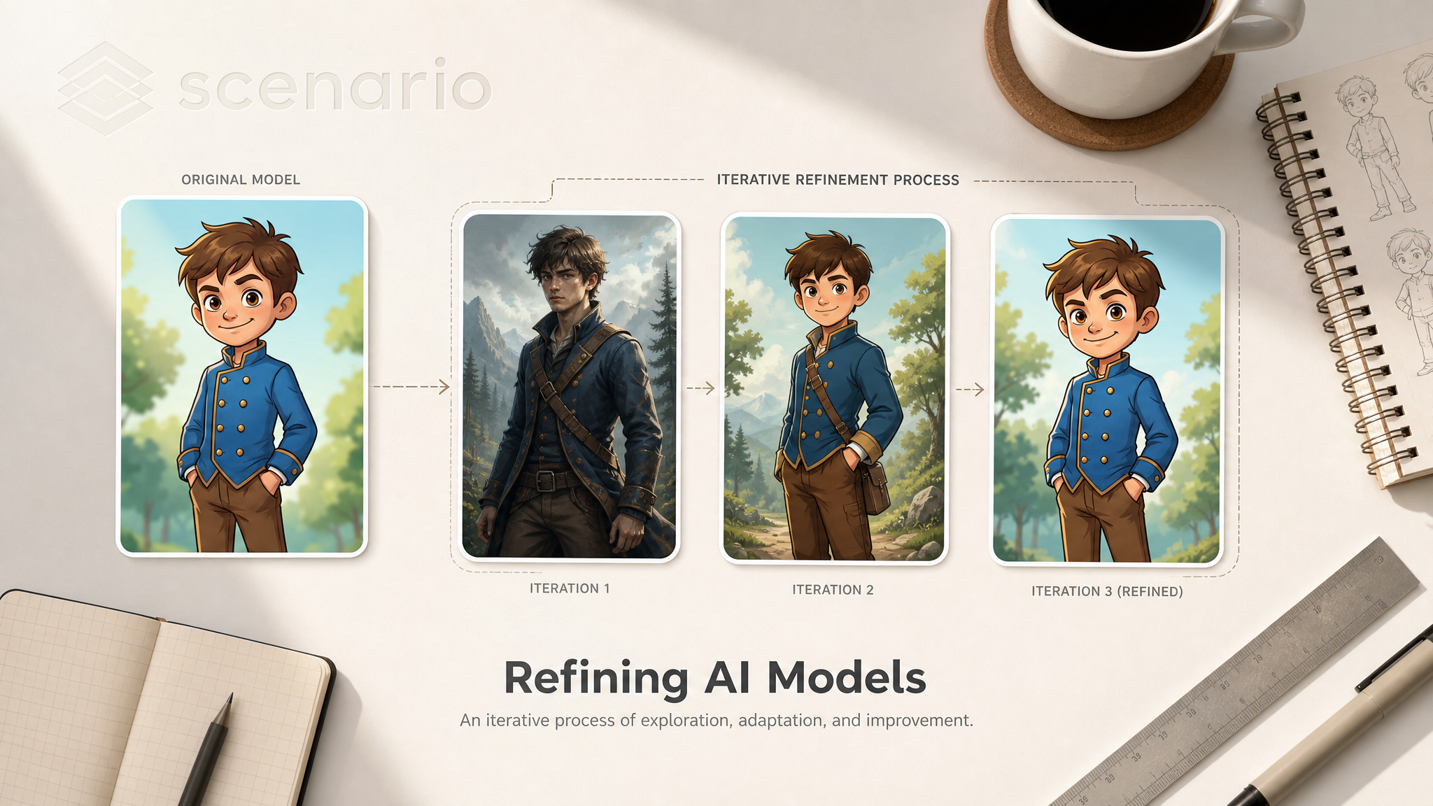 asset_t6bwJHBXCps2UB9P7pdkVA1c_A clean, modern, and graphic banner for an article about refining AI models, with a top-down perspective on a designer's desk setup. On the left, a single, fully rendered character im.png asset_t6bwJHBXCps2UB9P7pdkVA1c_A clean, modern, and graphic banner for an article about refining AI models, with a top-down perspective on a designer's desk setup. On the left, a single, fully rendered character im.png