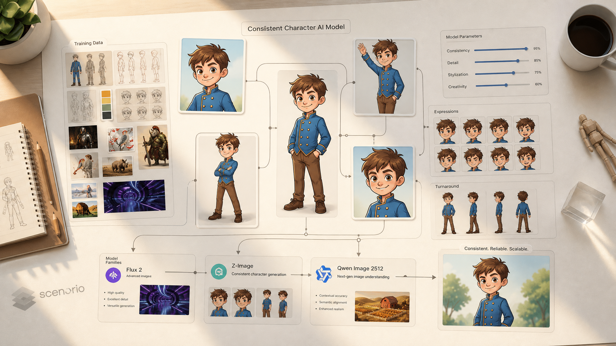 asset_VSNyXXjhJM7cV9zFWU9UNGQD_A digital banner, overhead shot on a clean, light-colored desk, showcasing the process of training a consistent character AI model. The central element is a single, stylized character.png asset_VSNyXXjhJM7cV9zFWU9UNGQD_A digital banner, overhead shot on a clean, light-colored desk, showcasing the process of training a consistent character AI model. The central element is a single, stylized character.png