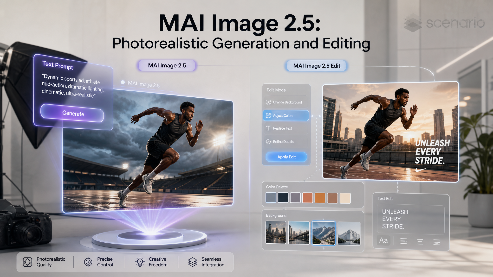 asset_at2mfkaJJAmoYrv5uwcBJ7JU_A sleek, professional digital art studio banner, highlighting the capabilities of MAI Image 2.5 and MAI Image 2.5 Edit. The left side features a vibrant, photorealistic image (e.g., a.png asset_at2mfkaJJAmoYrv5uwcBJ7JU_A sleek, professional digital art studio banner, highlighting the capabilities of MAI Image 2.5 and MAI Image 2.5 Edit. The left side features a vibrant, photorealistic image (e.g., a.png