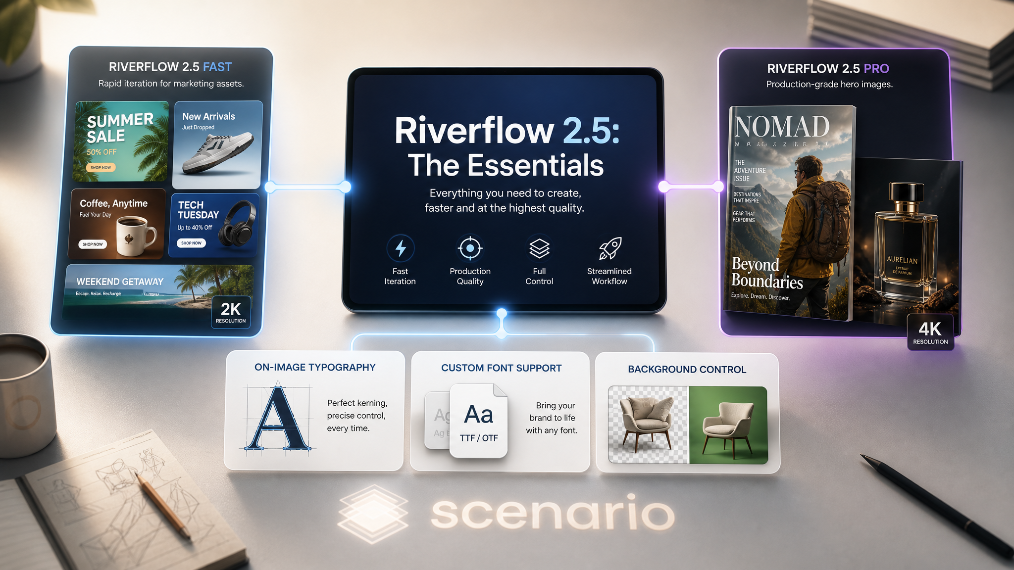 asset_T3t7VrawVRdMPrzWKSg6QZAZ_A clean, modern digital marketing banner for 'Riverflow 2.5_ The Essentials'. The composition features a central, brightly lit digital display showing the title 'Riverflow 2.5_ The Es.png asset_T3t7VrawVRdMPrzWKSg6QZAZ_A clean, modern digital marketing banner for 'Riverflow 2.5_ The Essentials'. The composition features a central, brightly lit digital display showing the title 'Riverflow 2.5_ The Es.png