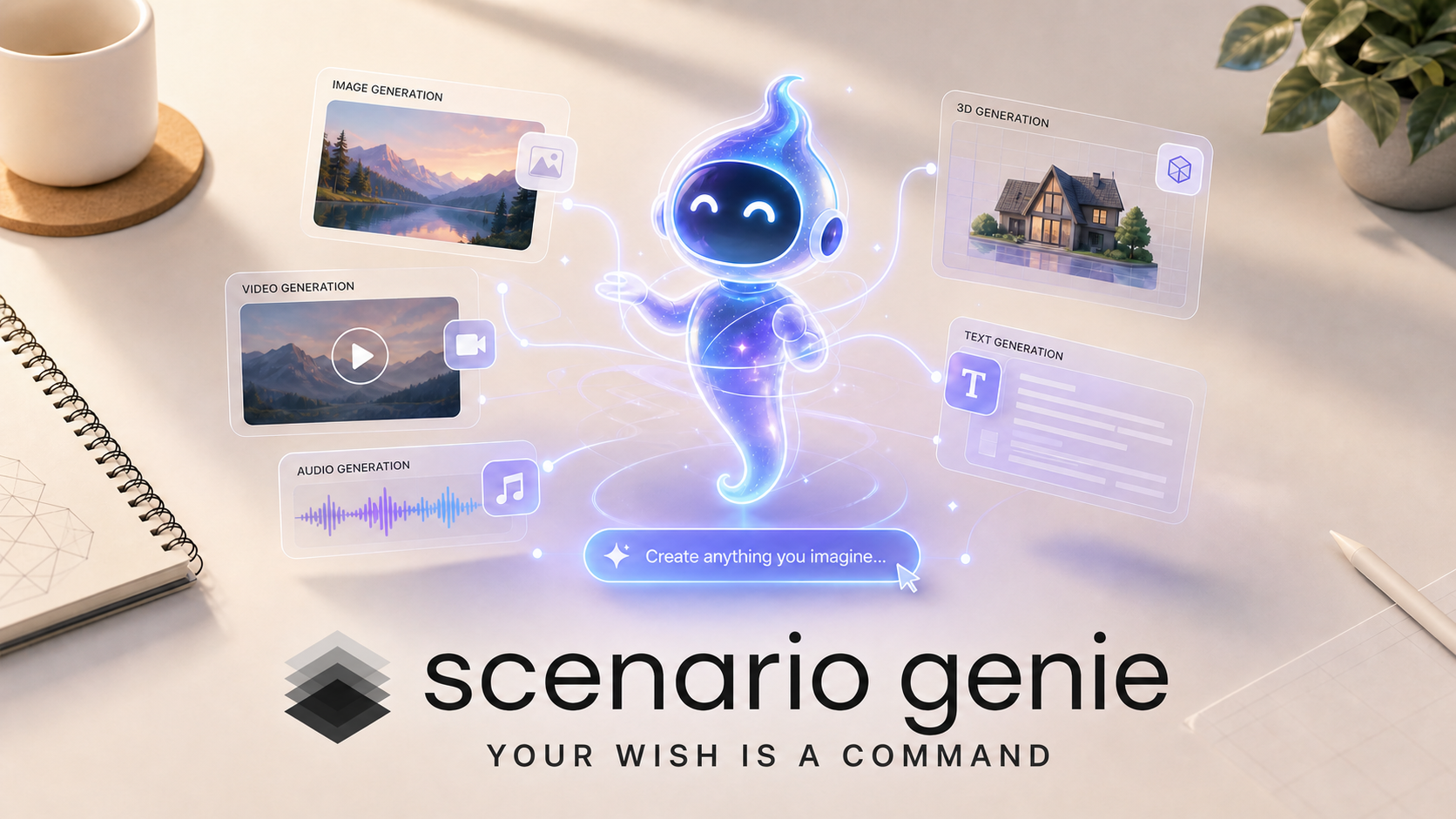 asset_3HD7VxNspFCNuwv4vkpHRxd2_Edit the first image (the 'Scenario Genie - Your Wish is a Command' banner). Redesign the text so its typography matches the Scenario logo shown in the second reference image — same f.png asset_3HD7VxNspFCNuwv4vkpHRxd2_Edit the first image (the 'Scenario Genie - Your Wish is a Command' banner). Redesign the text so its typography matches the Scenario logo shown in the second reference image — same f.png