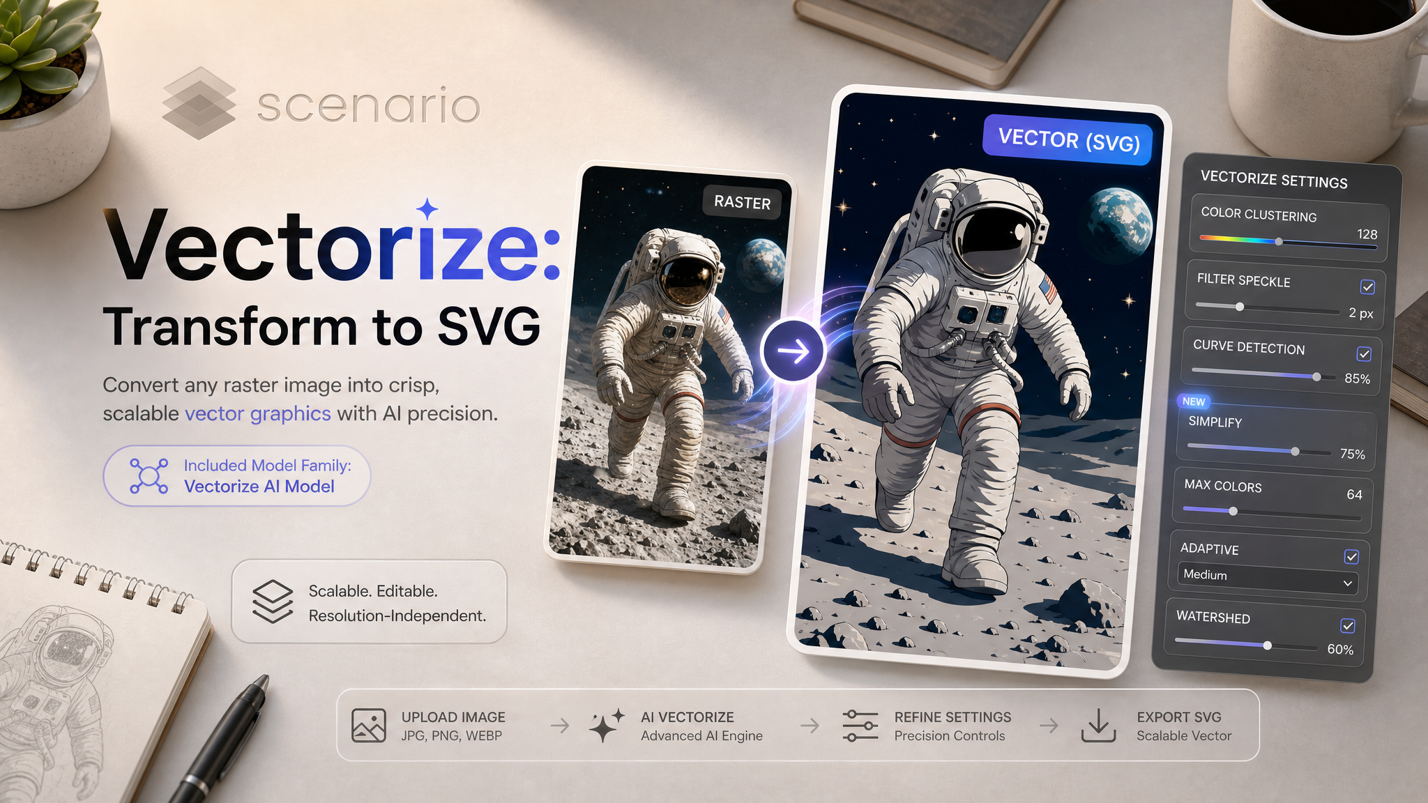 asset_PkBpKASaG25je3eN3SzMSSxw_A promotional banner for Scenario's Vectorize tool, featuring a clean raster image transforming into a crisp scalable vector graphic SVG format on a stylish desk background. The scene.png