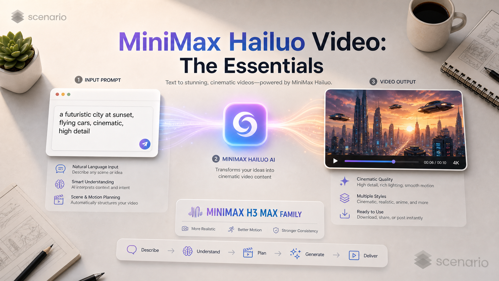 asset_z643z37shD5Nza7dSJnrLciq_Top-down clean studio desk setup featuring the text 'MiniMax Hailuo Video_ The Essentials', clean typographic layout, a glowing interface display showing text-to-video workflow lines .png