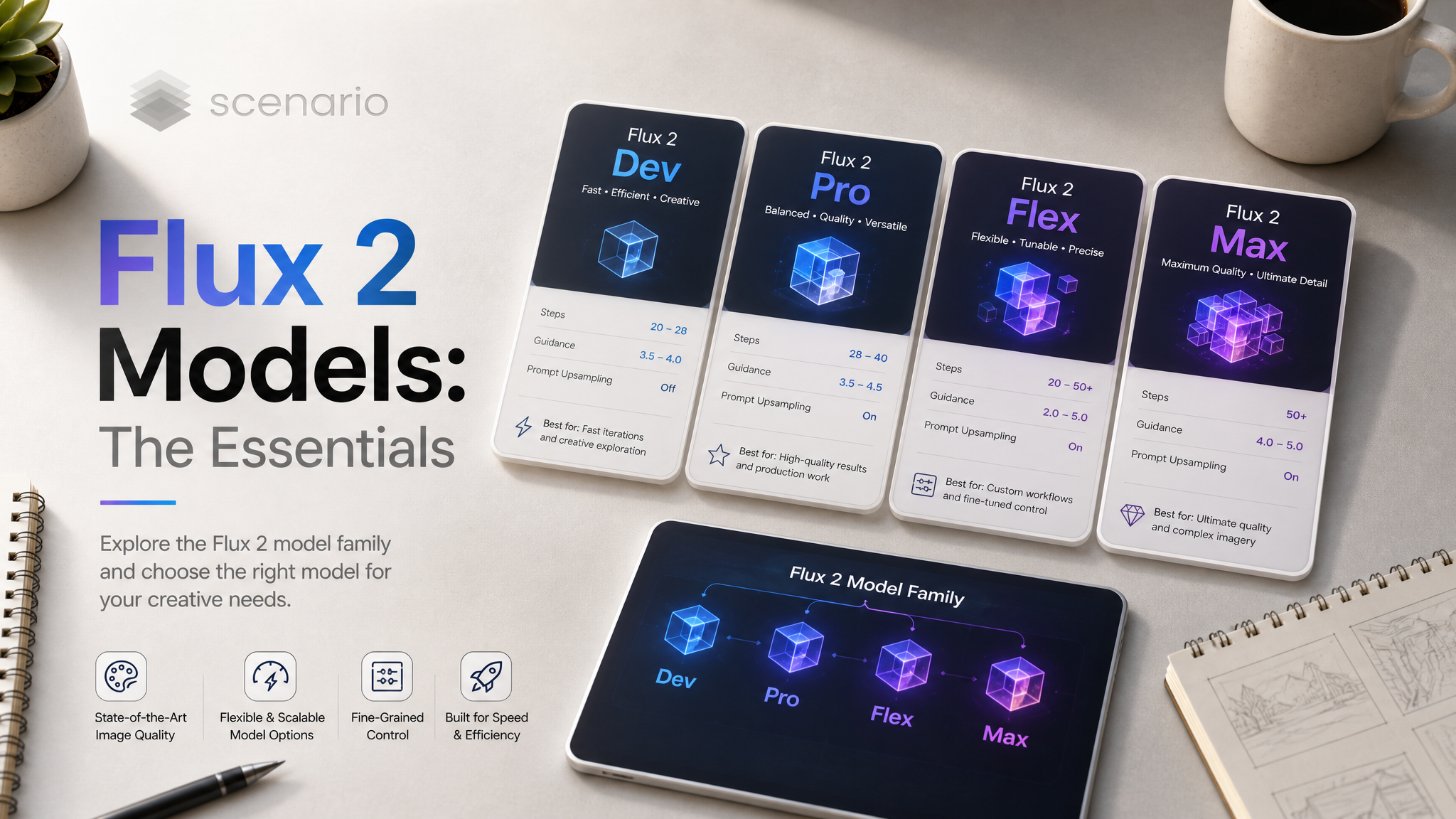 asset_ekiYmARQ1gZtWMpCtWDm24n1_A professional tech article banner with a clean layout on a light grey desk surface. Prominently featuring the title text 'Flux 2 Models_ The Essentials'. A subtle background detail i.png