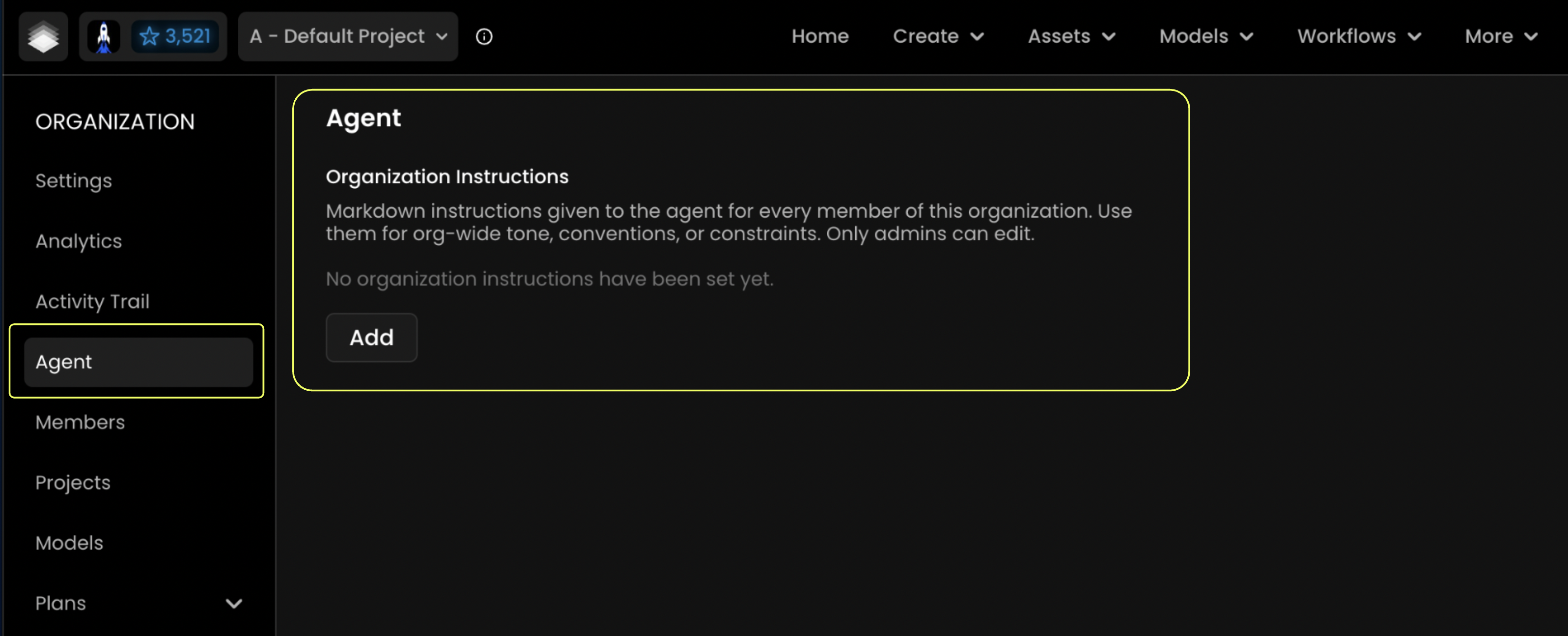 Organization Settings, Agent tab, Organization Instructions Organization Settings, Agent tab, Organization Instructions