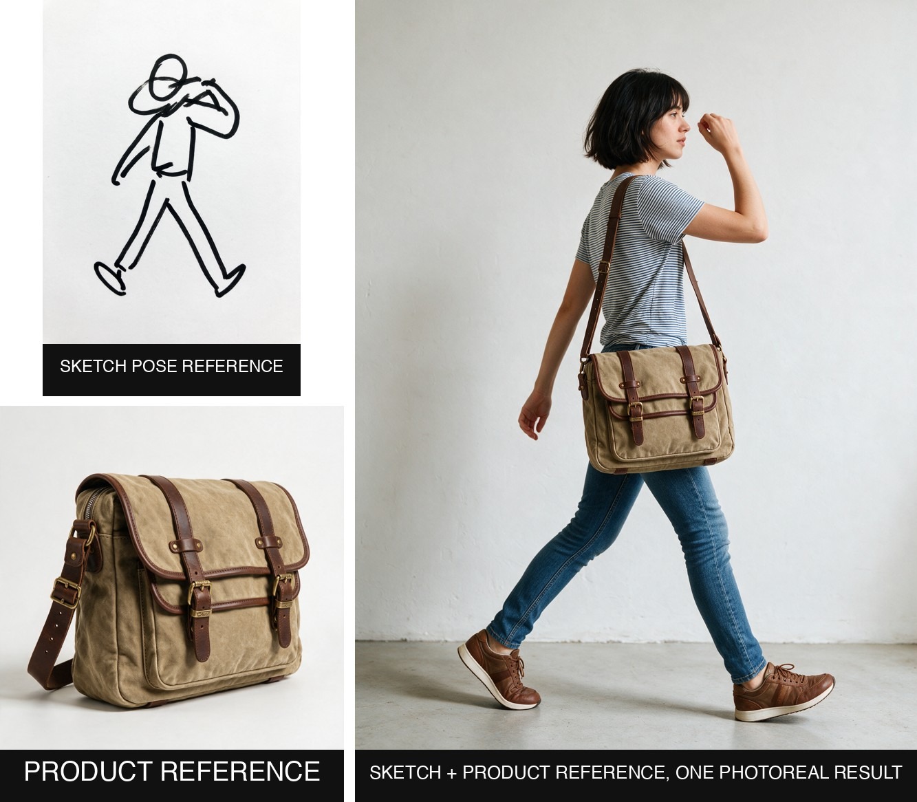 A stick-figure pose sketch and a canvas messenger bag product reference, beside the resulting photoreal woman walking in the sketched pose while wearing the exact bag