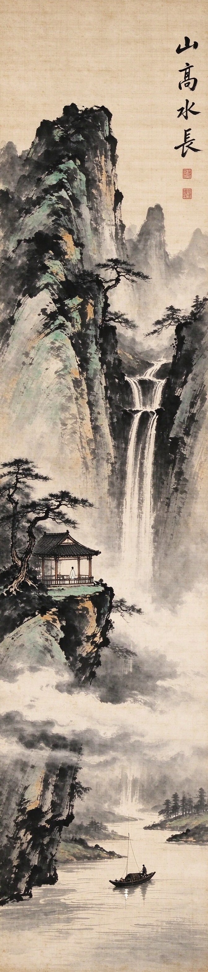 Tall Chinese ink-wash hanging scroll with mountains, a waterfall, a pavilion and a calligraphy column