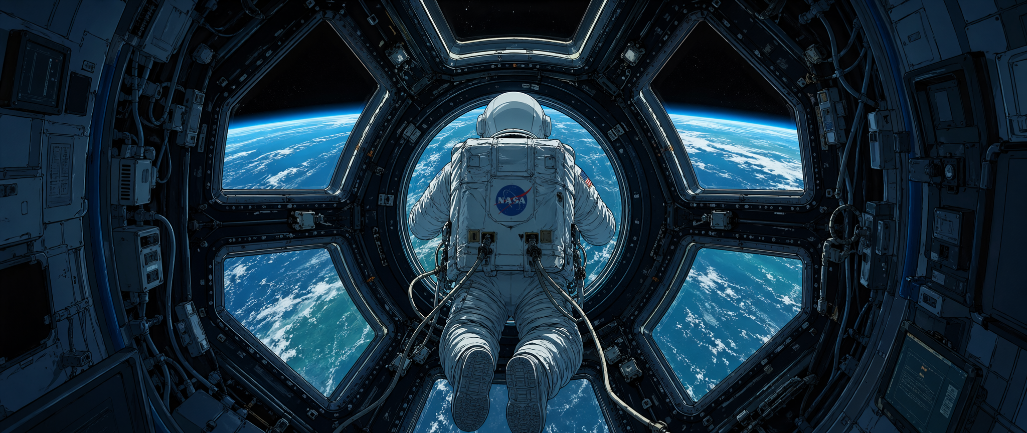 asset_CgU2apmeKMvV3SS1fjeaUBAJ_Ultra-wide 21_9 illustrated cinematic still. An astronaut floats inside the ISS Cupola observation module, shown ONLY FROM BEHIND — back ENTIRELY FACING CAMERA, back of helmet visible.png asset_CgU2apmeKMvV3SS1fjeaUBAJ_Ultra-wide 21_9 illustrated cinematic still. An astronaut floats inside the ISS Cupola observation module, shown ONLY FROM BEHIND — back ENTIRELY FACING CAMERA, back of helmet visible.png