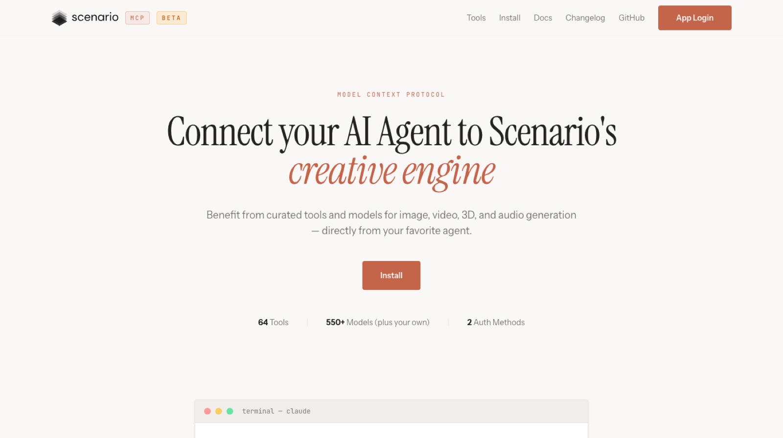 The Scenario MCP landing page at mcp.scenario.com: 60+ tools, 550+ models, two auth methods, and an Install button.