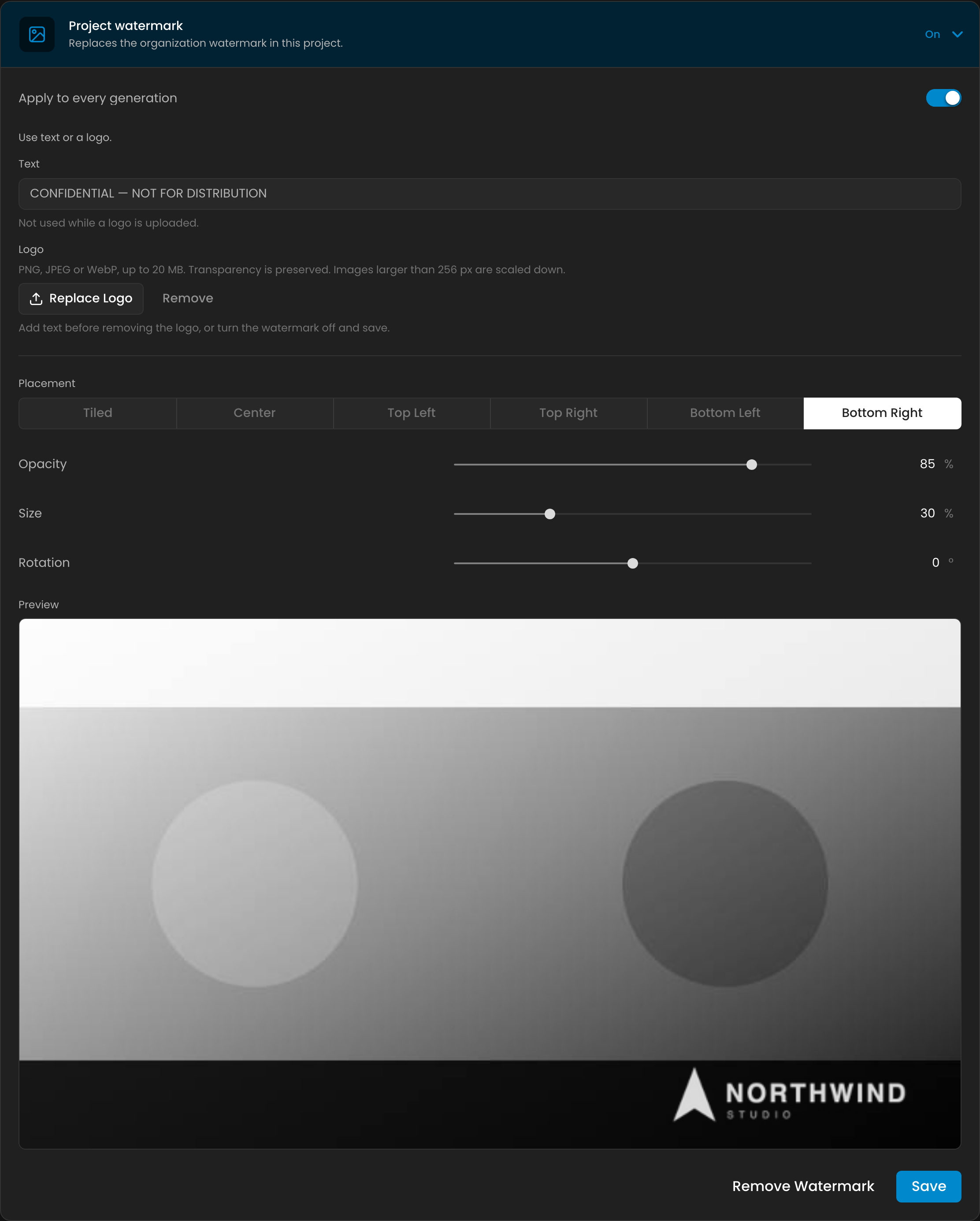 Project watermark using a logo in the bottom-right corner Project watermark using a logo in the bottom-right corner