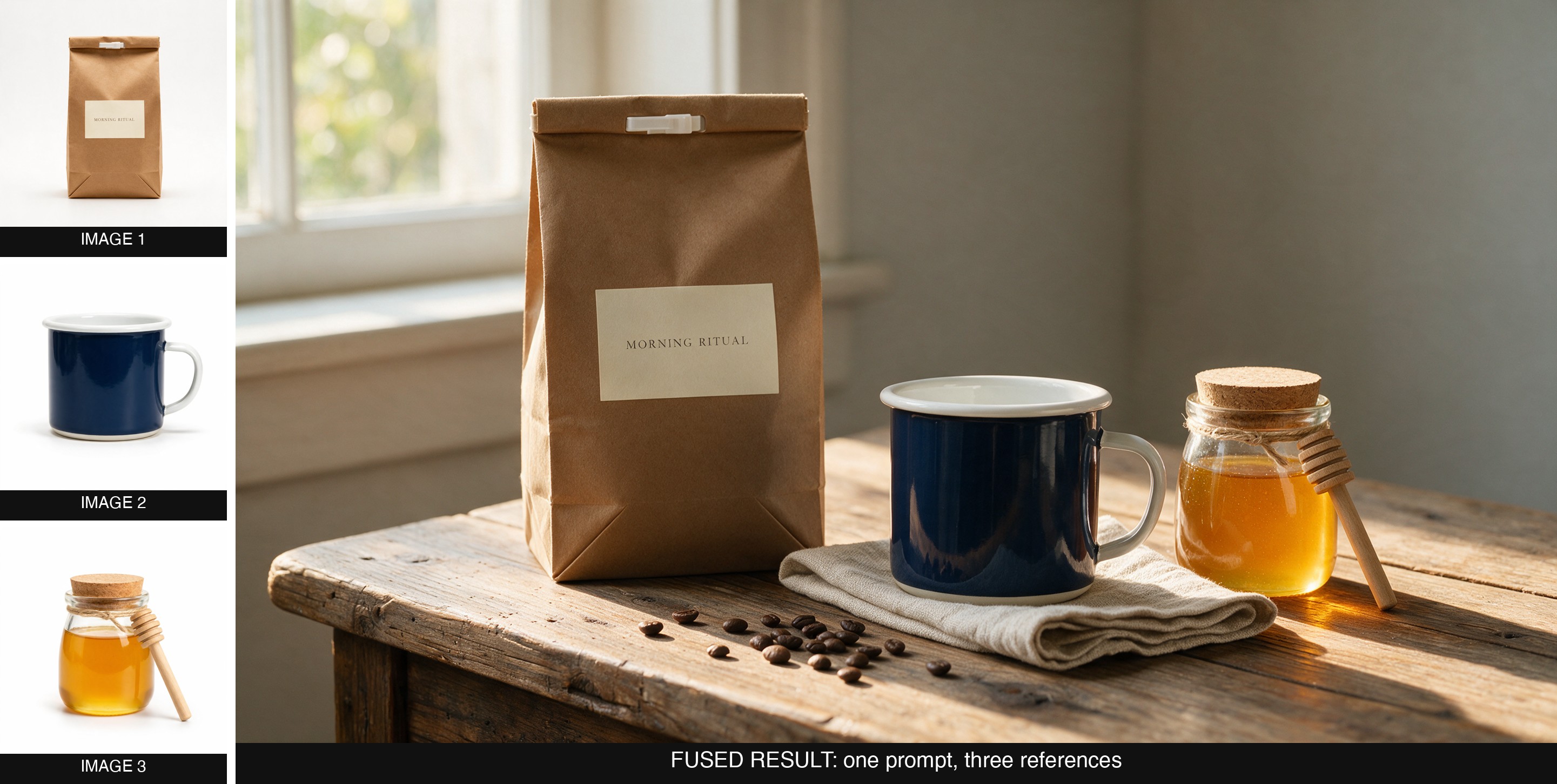 Three reference photos, a coffee bag, a mug, and a honey jar, beside the fused result: one morning table scene composed from all three, correct scale, shadow, and reflections