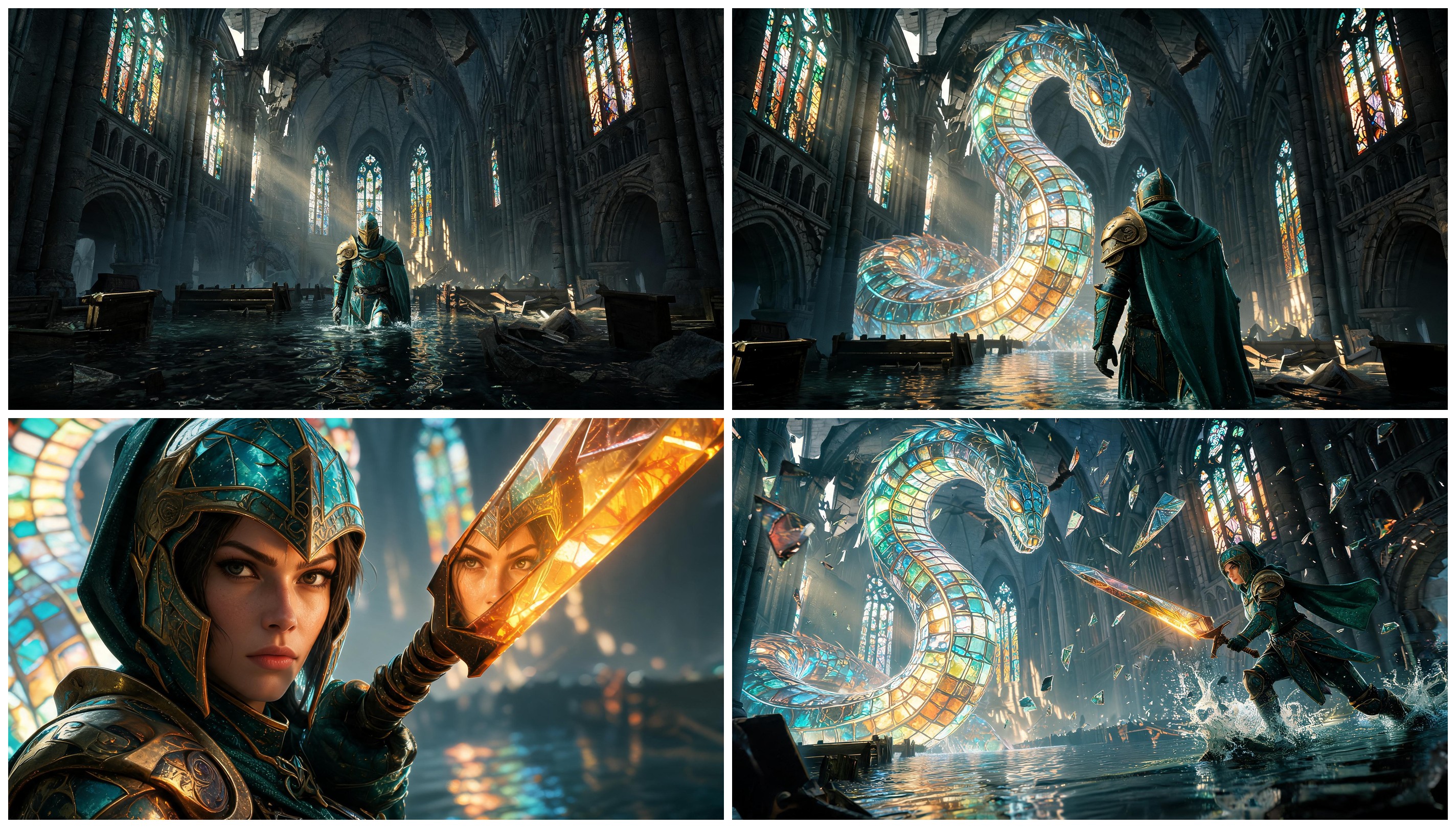 Four storyboard frames of a knight facing a stained-glass serpent in a flooded cathedral, consistent across angles