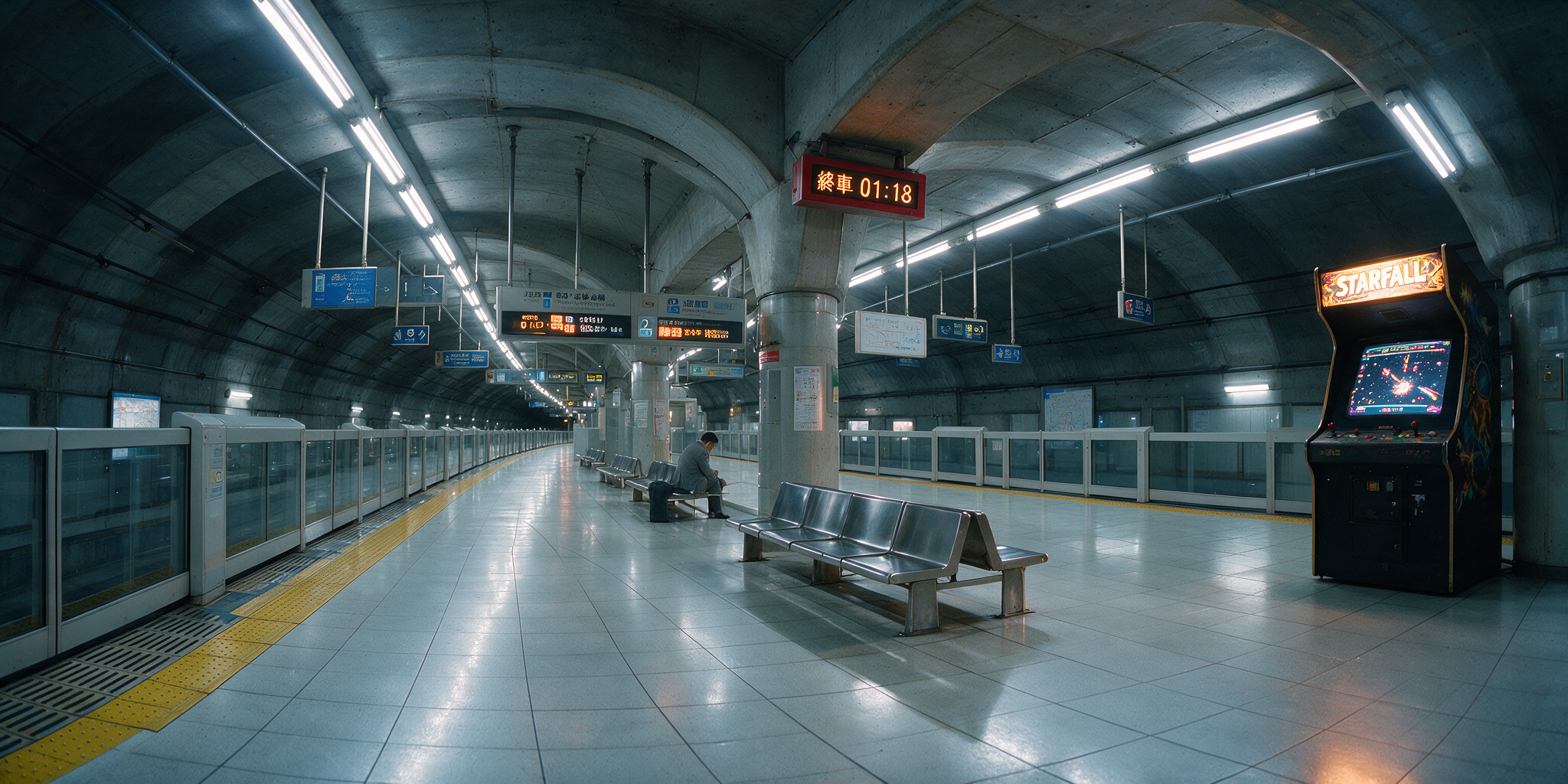 Same subway platform with the vending machine replaced by a STARFALL arcade cabinet and the markings removed