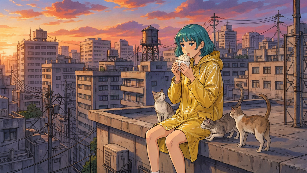 Anime rooftop scene at sunset with a girl and stray cats, generated with Krea 3