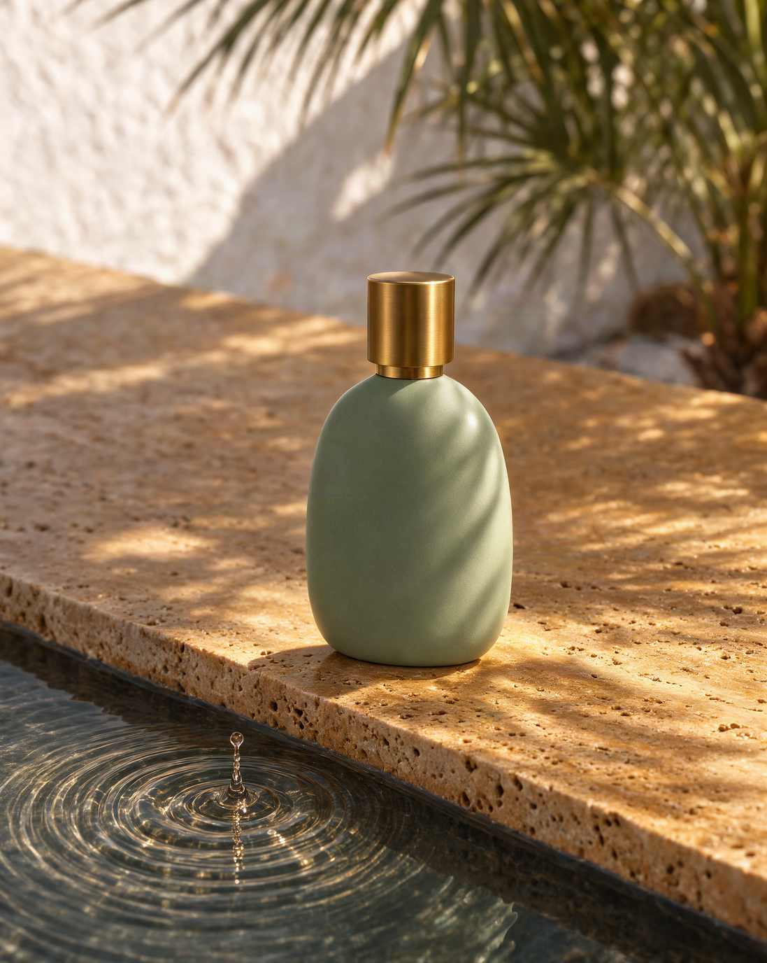 Unbranded green perfume bottle on travertine by a pool, generated with Krea 3